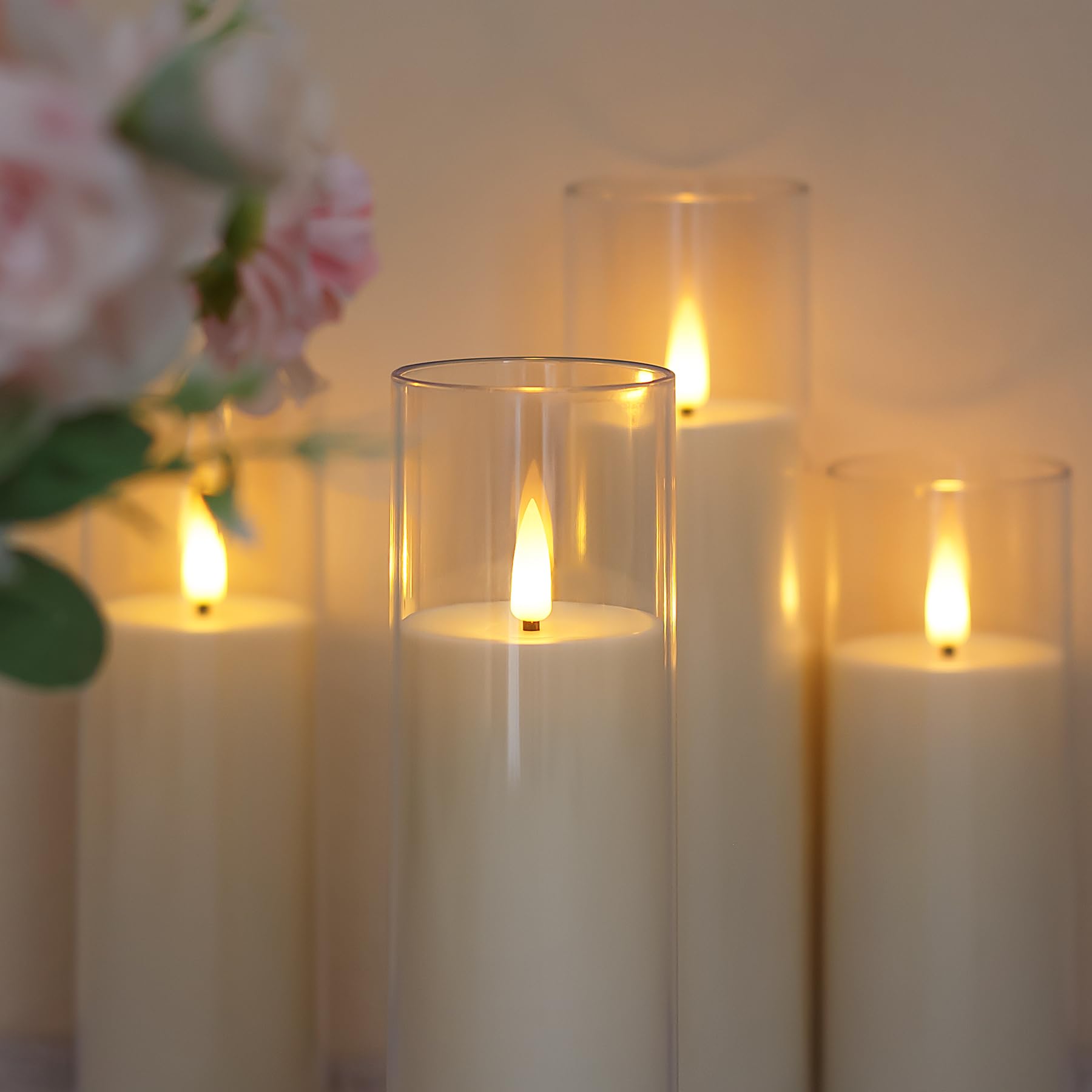 Yeelida Acrilico Candele LED tremolanti senza fiamma con telecomando e temporizzazione, a batteria 5,5cm x 12,5 15 17,5 20 20cm Candele in plastica per la decorazione della casa (lunga durata, avorio)