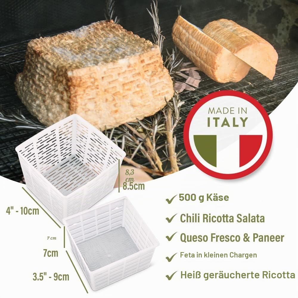 Einfaches Käseherstellungs-Set,5 Käseformen + Käsebuch,Hergestellt in Italien,Rezepte zur Herstellung von Ricotta, Paneer, Ziegenkäse, Quark und mehr,Professionelles Käsepressen-Korb-Set von Sieben