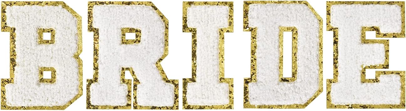 Iron On Letters Patches for Clothing Bride Chenille Letter Applique, Decorative DIY Name Patch for Jackets, Hats, Wedding Party Outfits, Clothes Repair & Embellishment