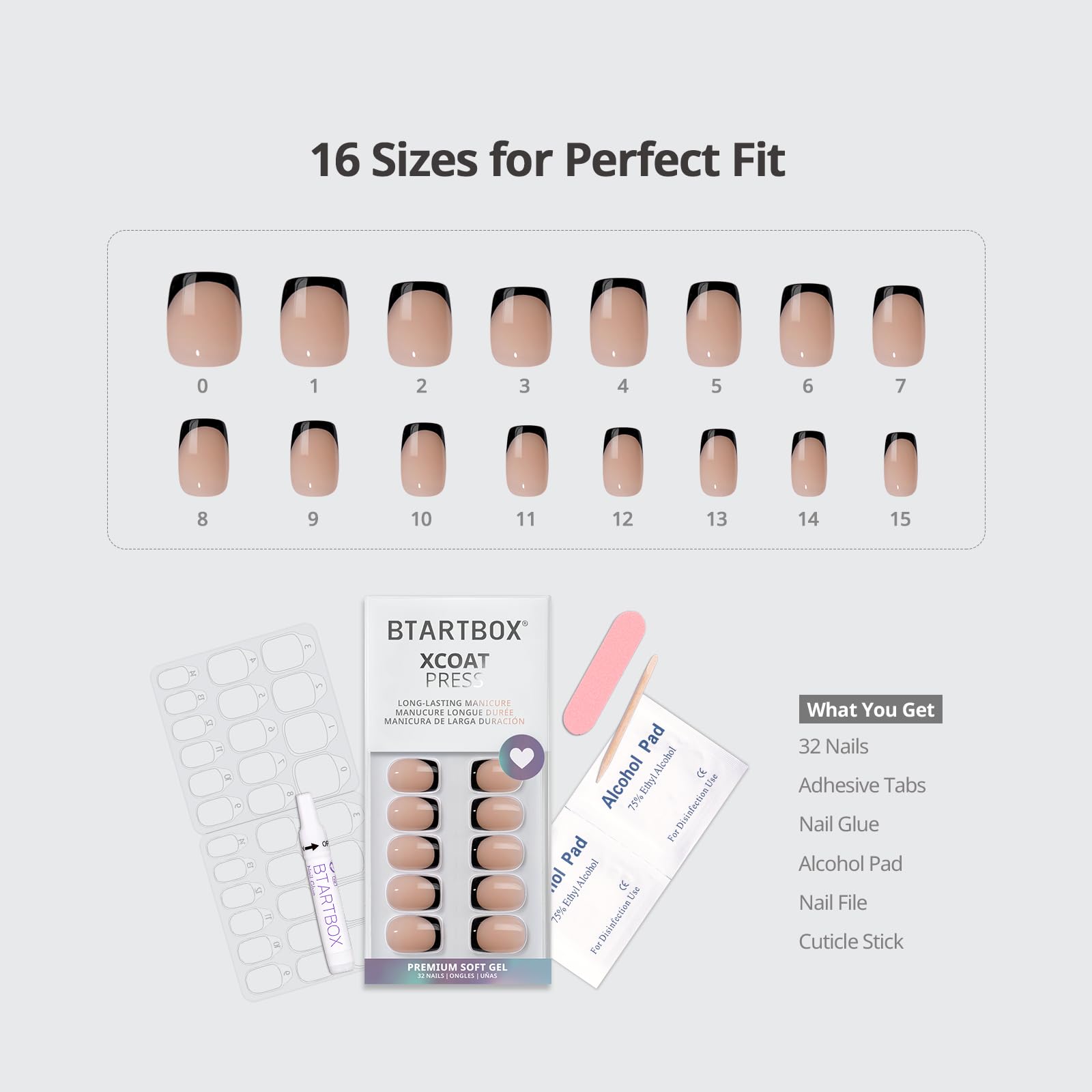 BTArtbox Press On Nails French Tips - 32 Pcs Short Square False Nails With Nail Glue and Adhesive Nail Tabs, No Fade Out Stick On Nails in 16 Sizes, Soft Gel Fake Nail for Women, Classic White — view 14