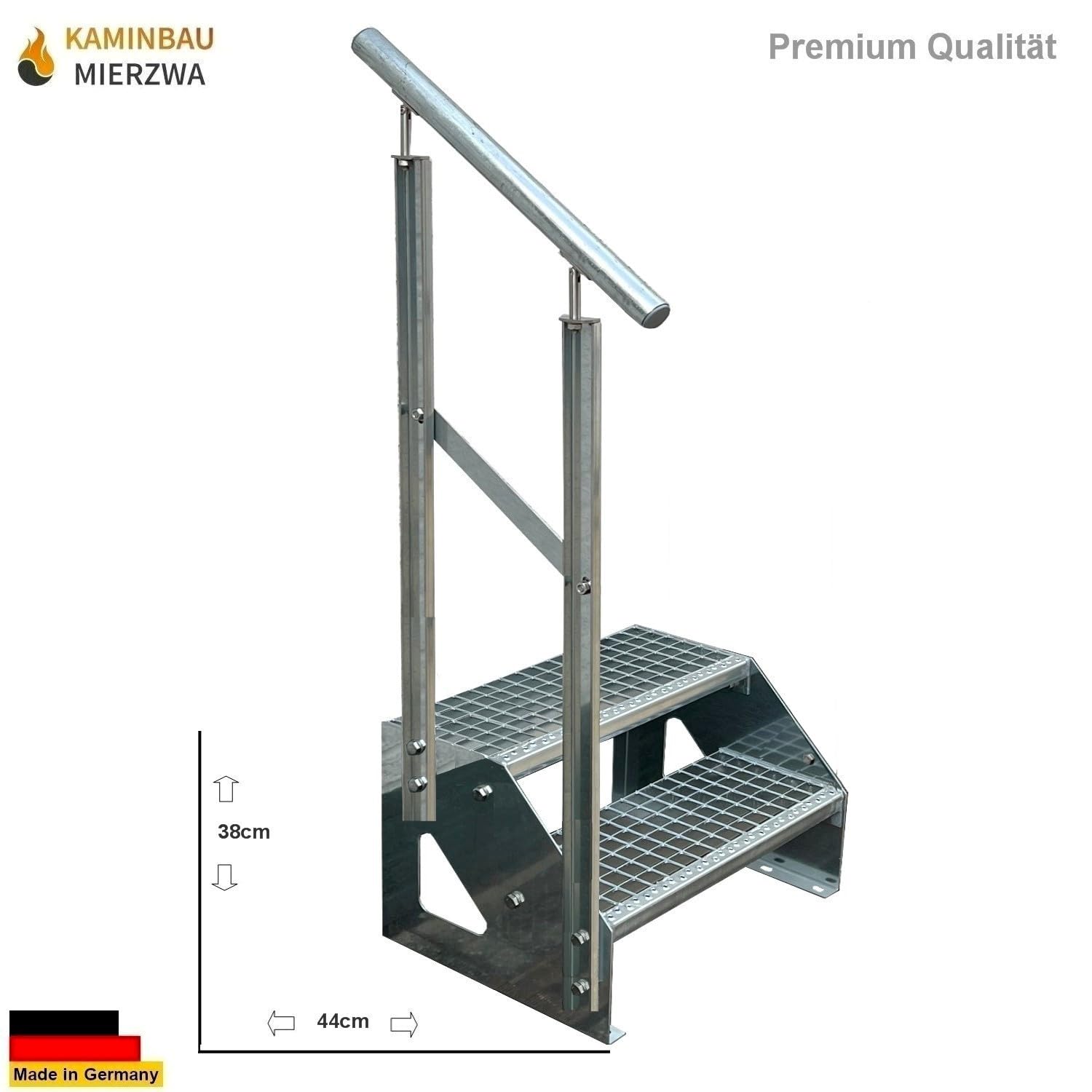 Premium Treppe Freistehend 2 Stufen Geländer Links (Breite 1200 mm) (Höhe 38cm) Wetterfest Gitterroststufe Gartentreppe