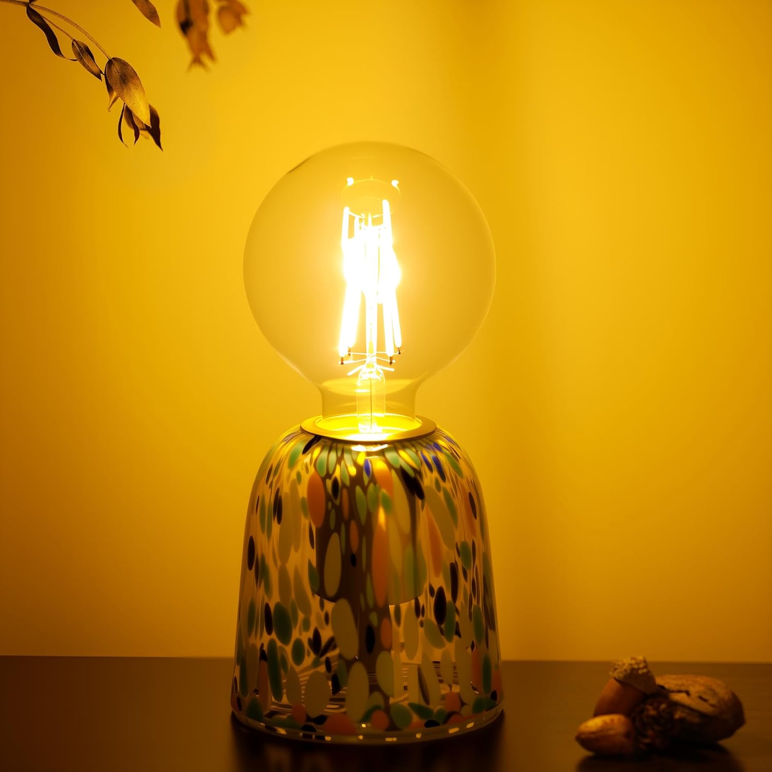 Mini Modern Glass Bedside Table Lamp, 4 x 4 x 9 Inch Nightstand Lamps, with Spherical Bulb Round Side Table Lamps for Bedroom Living Room Entryway Night Light (Yellow Green Glass Base)