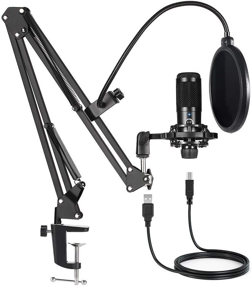 USB Condenser Microphone Bundle Kit,192KHZ/24BIT Professional Cardioid Computer Mic with Adjustable Scissor Arm Stand Shock Mount and Gain Knob for Recording, for Podcasting, Gaming, YouTube (Black)