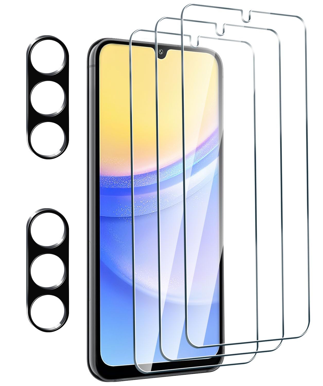 PULEN for Samsung Galaxy A15 Screen Protector (3-Packs) with 2 Packs Camera Lens Protector, HD Clear 9H Hardness Bubble Free Anti-scratch Tempered Glass