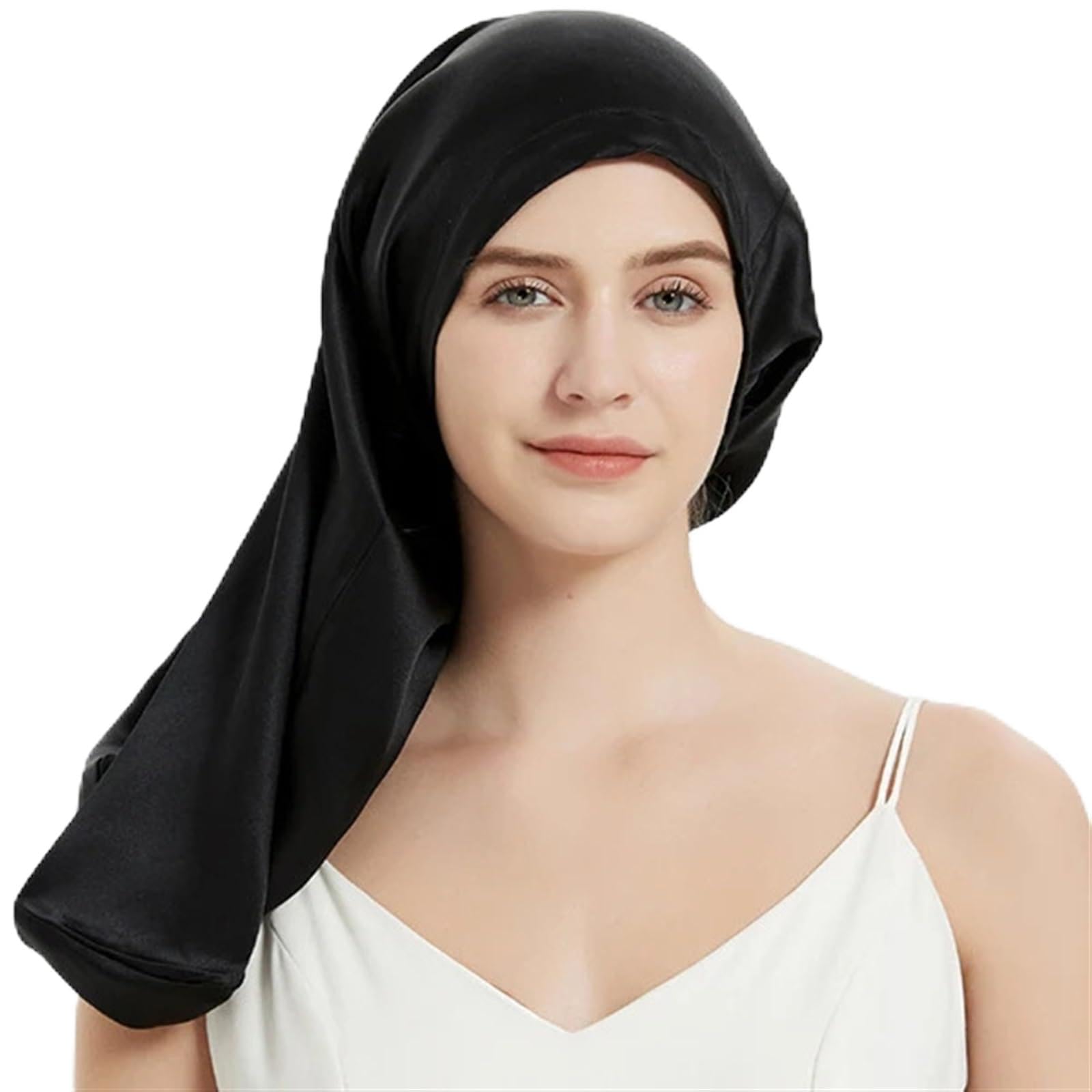 Cappello da Notte in Seta Berretto for Capelli da Notte in Seta di gelso Cofani Lunghi con Fascia Elastica Cinghie Regolabili for Treccia Dreadlock riccia Lunga(Black)