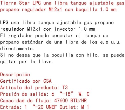 Miniatura 9 de MeTer Star GLP - Perilla reguladora de gas propano ajustable, 1 libra, válvula de alivio de presión M12x1, boquilla de 0.028 in