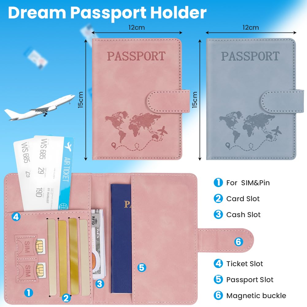 Protège Passeport,2 Pièces Couverture de Passeport avec Bloqueur RFID,Étui de Passeports en Cuir PU et Étiquette de Bagage pour Passeports, Cartes,Documents de Voyage(Rose)