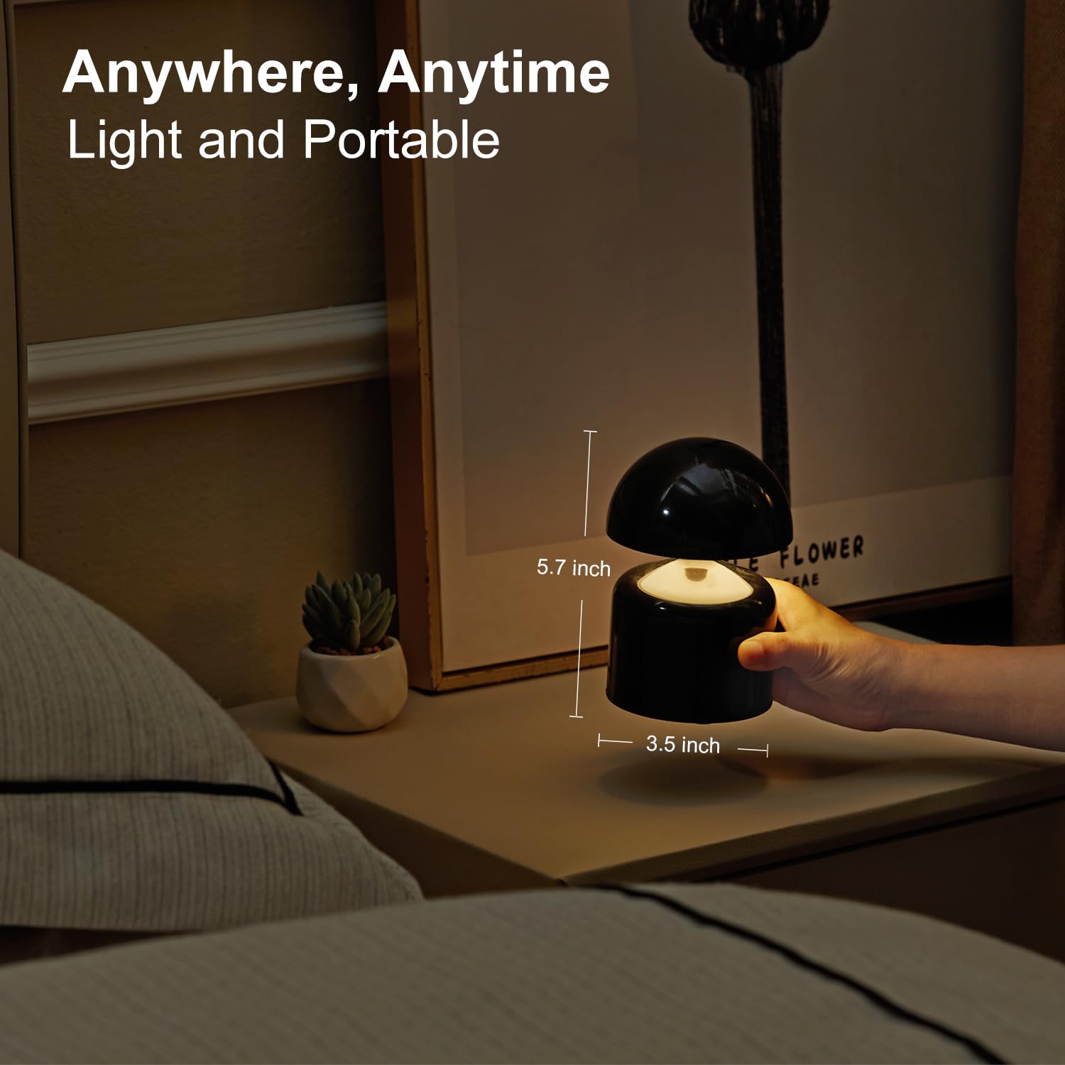 SAIWEYA Moderne schnurlose Pilz-Tischlampe, dimmbare Touch-Batterie | 3-Wege-Dimmbar, Mini Wiederaufladbare LED-Schreibtischlampe, Nachtlicht, Nachttischlampen für Schlafzimmer, Wohnzimmer