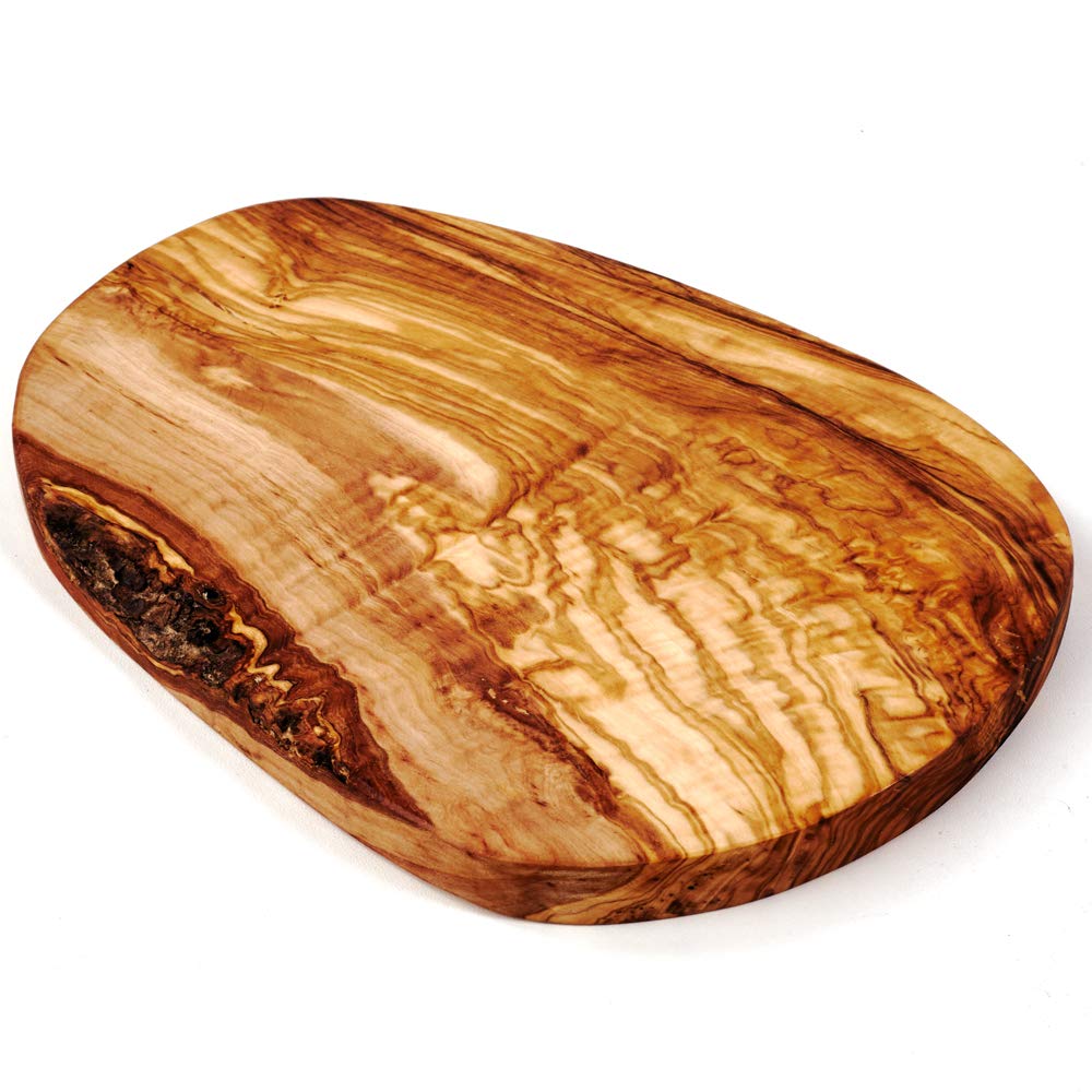 DAS OLIVENHOLZBRETT® Schneidebrett aus Olivenholz/Olivenholzbrett/Servierbrett aus Holz/Frühstücksbrett/Brotzeitbrett/Steakbrett Holz/Naturschnitt 45-49cm lang / 22-25cm breit