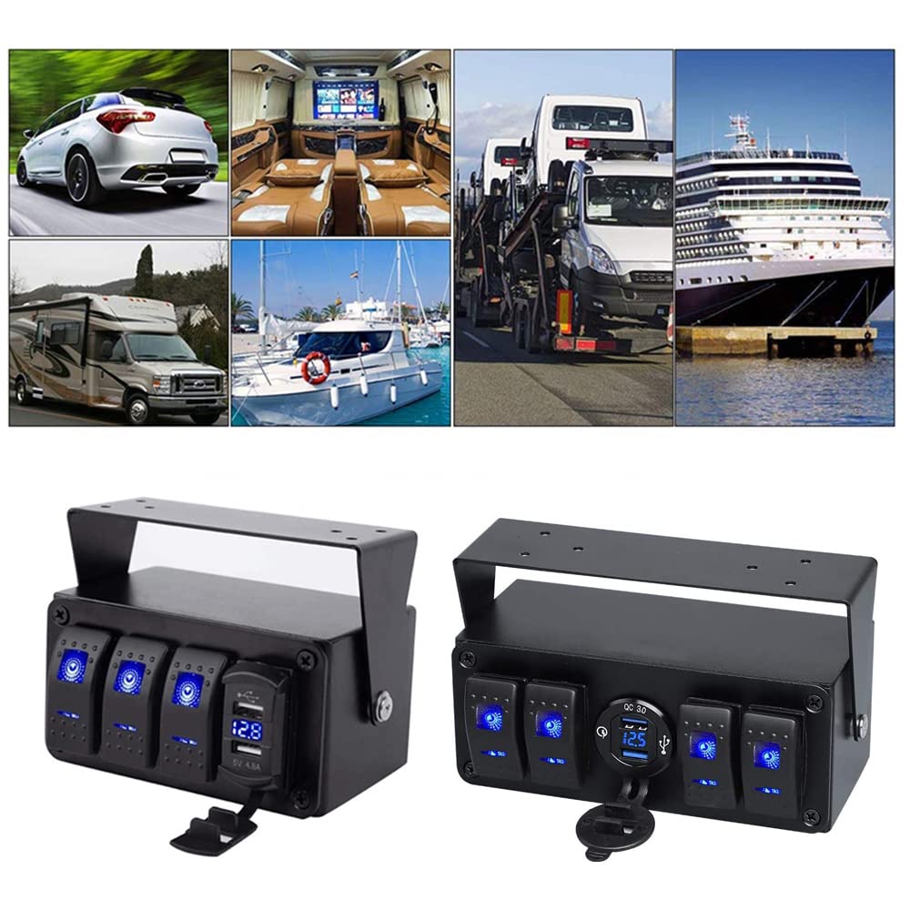 Riloer 4 Gang Rocker Lice Switch Pannello con 4,8A USB Quick Charge/Carica rapida 3,0 Voltmetro USB Caricatore per camion per barche marine 12V-24 V, pannello di controllo a 4 gruppi