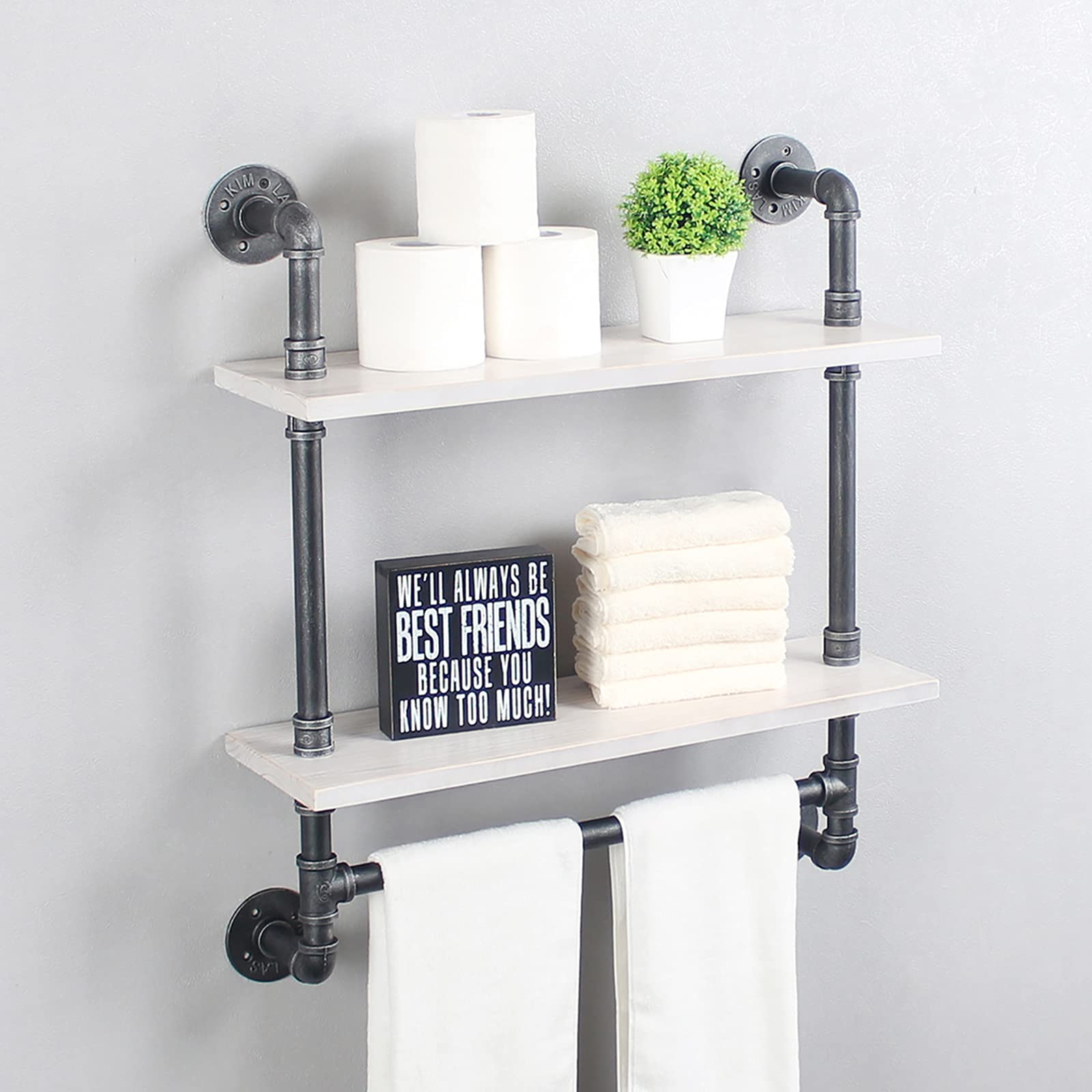 Industrial Pipe Shelf,Rustic Wall Shelf with Towel Bar,24" Towel Racks for Bathroom,2 Tiered Pipe Shelves Wood Shelf Shelving,Retro White