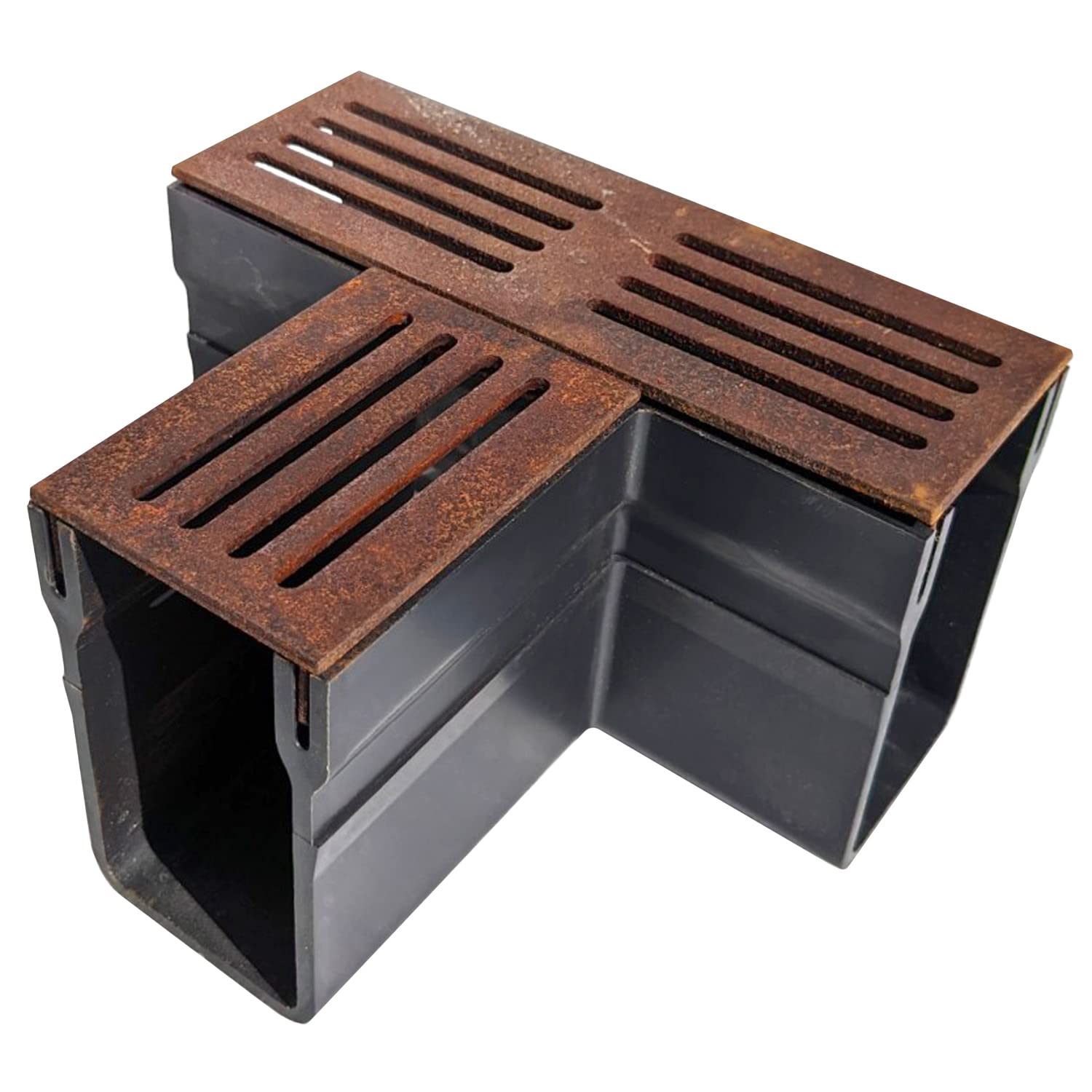 AluSthetic T-Section for PVC Threshold Drainage Channel with Corten Steel Grating | Outdoor Driveway Patio Garden Drainage Systems | Soakaway Storm Drain Channel Tee Connector (x2)