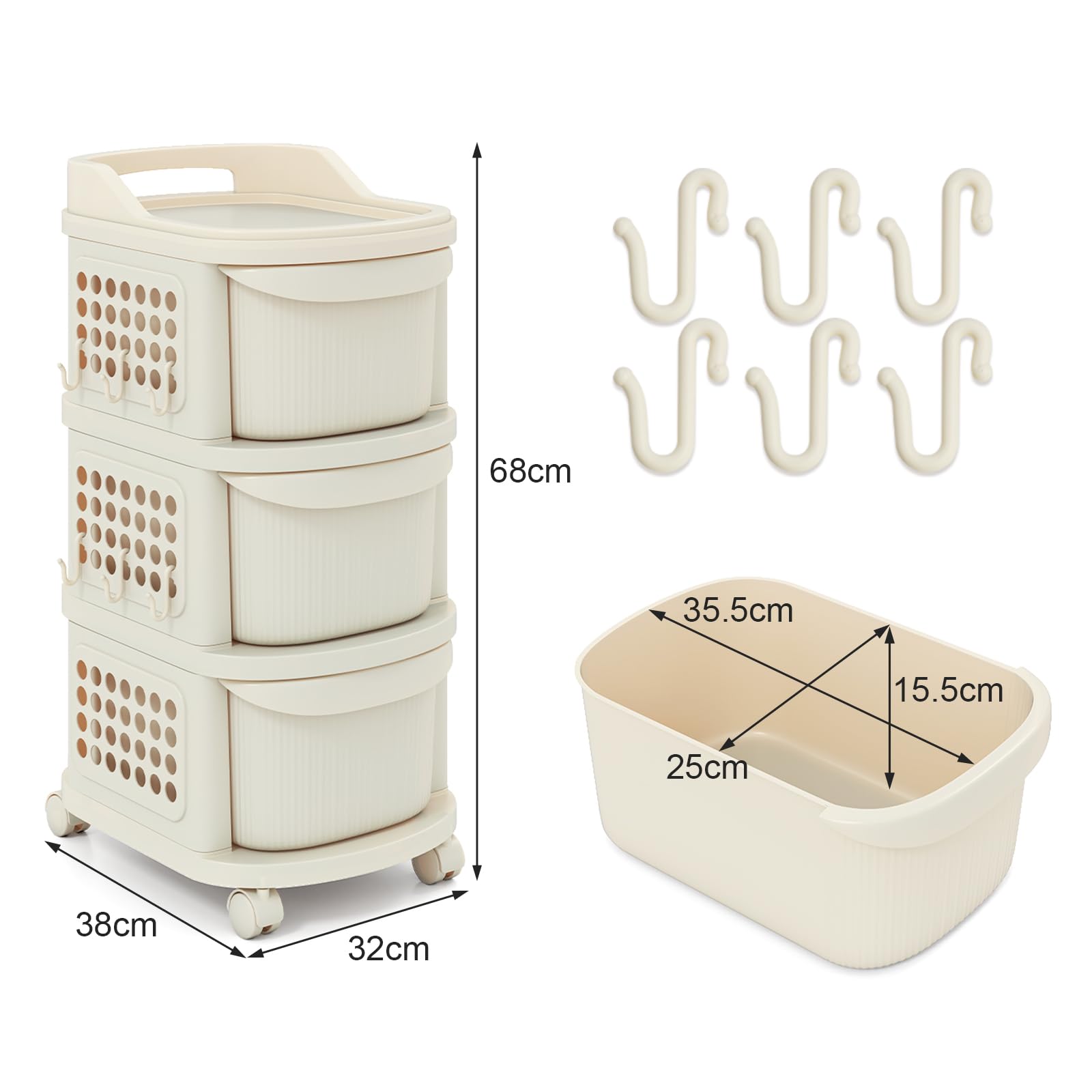 HOMASIS Carro con Ruedas con 3/4 Cajones, Pegboard, Asa y 6 Ganchos, Carro de Almacenamiento Estrecho con Ruedas, Carrito de Cocina, Carrito de Servir, para Cocina, Oficina, Color Blanco