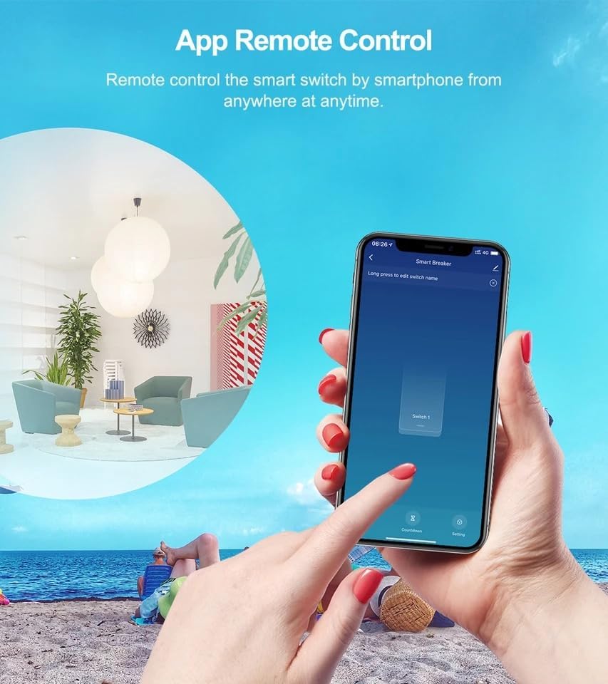 Smartphone displaying Tuya app interface for remote control of smart switch
