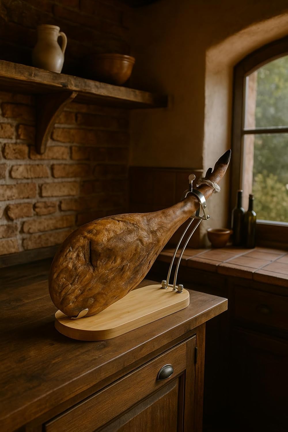 FERRETERIA LEPANTO Jamonero Profesional de Acero Inoxidable con Base de Madera | Soporte jamonero para Jamón y Paletilla | Sistema Basculante y Giratorio para un Corte Preciso (Plegable)