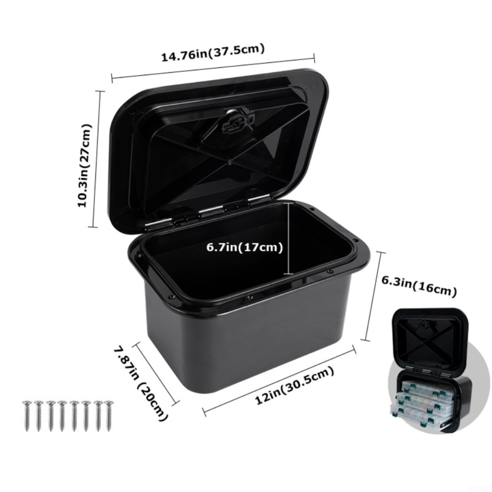 ABS Marine Aufbewahrungsbox Eingebauter Angel-Organizer für Boot, Rumpf, Deck, Angelausrüstung, wasserdicht, 37,5 x 27 x 17,5 cm, Weiß (schwarz)