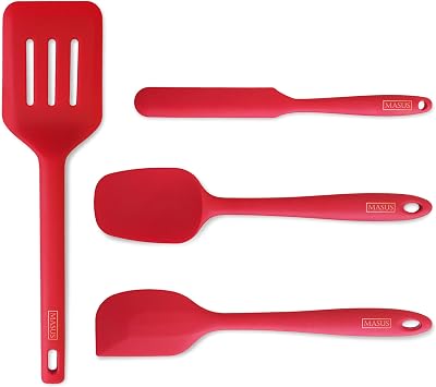 Silicone Spatula Set with Slotted Turner, 4-Piece One-Piece Seamless Kitchen Set for Everyday Cooking, Safe for Nonstick Cookware, 600°F Heat Resistant, BPA Free, Dishwasher Safe | MASUS (Red)