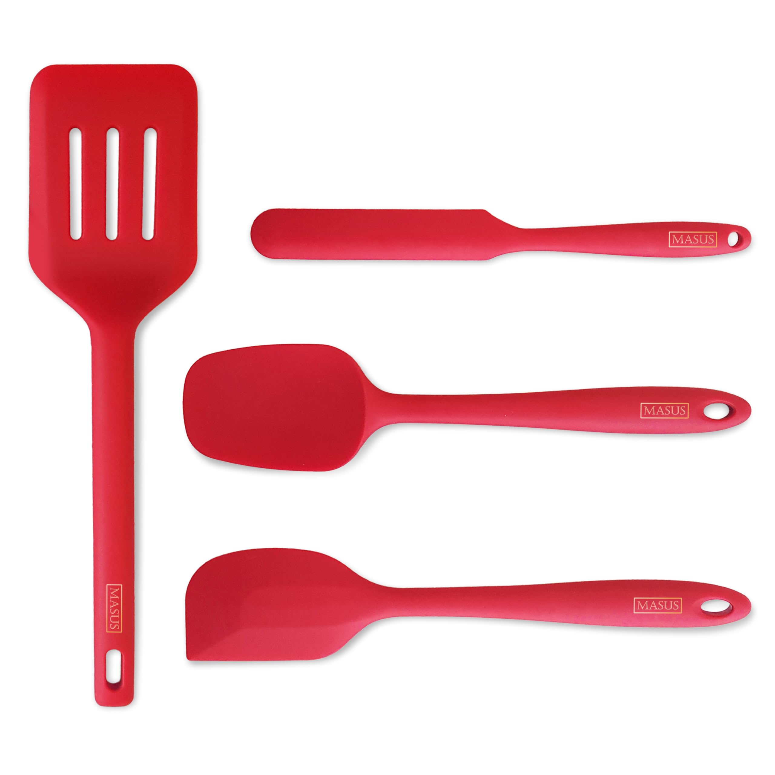 MASUS Juego de 4 espátulas de silicona de goma con un volteador para sartenes antiadherentes, juego de espátulas de goma resistentes al calor 315.6 °C para hornear, espátula de plástico para cocinar