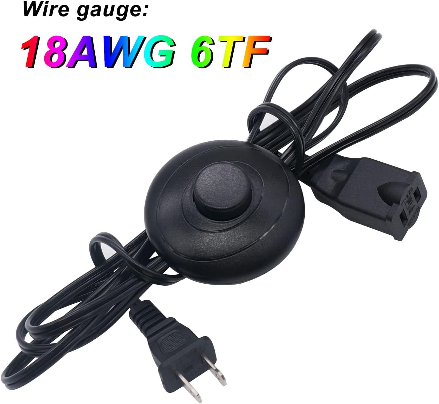 weideer 2 Outlet Extension Cord with Foot Switch ON Off 18AWG 6TF Wire Cable Power Plug Inline Lamp Light Black Round Foot Pedal Push Switch
