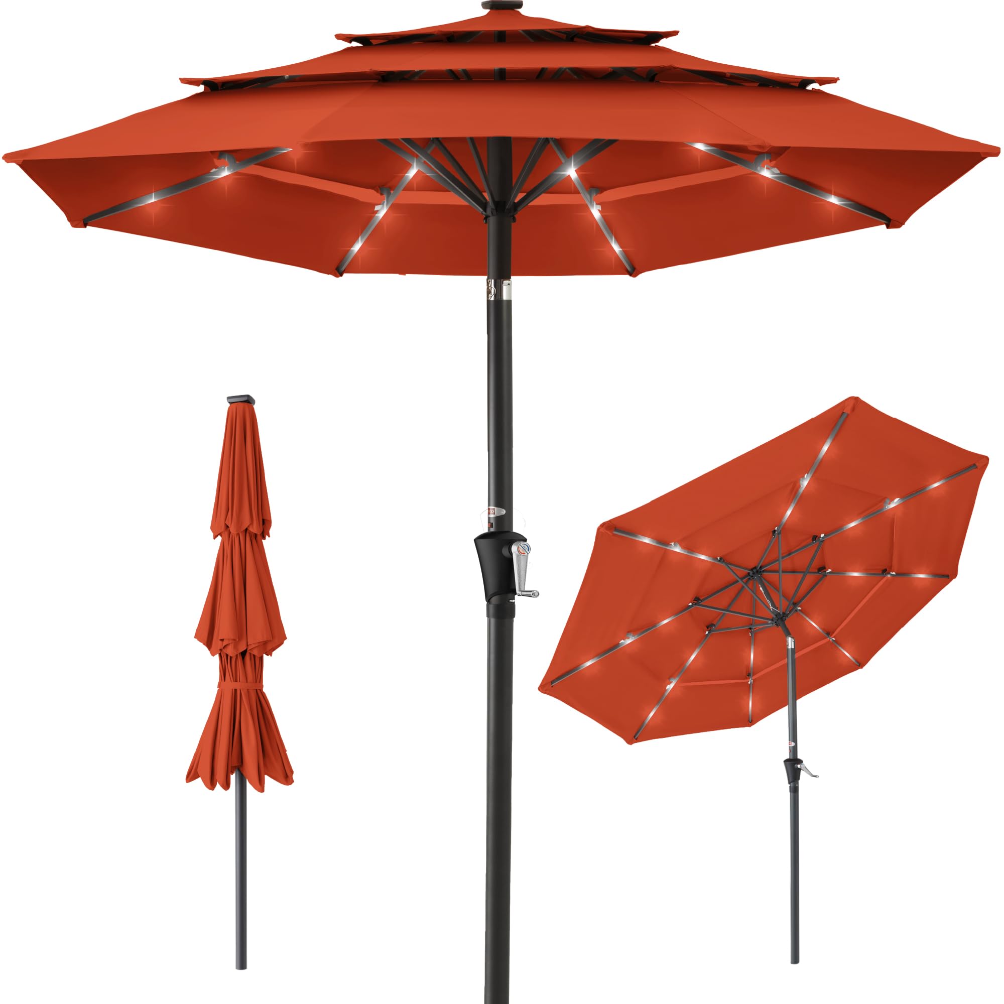 Best Choice Products 10ft 3-Tier Solar Patio Umbrella, Outdoor Market Sun Shade for Backyard, Deck, Poolside w/ 24 LED Lights, Tilt Adjustment, Easy