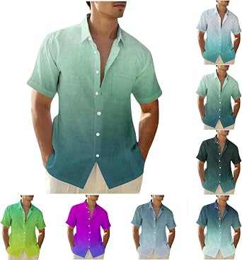 Mens Hawaiian Button Down Shirt Summer Fashion Short Sleeve Gradient Color Causal Shirts Loose Fit Holiday Shirts