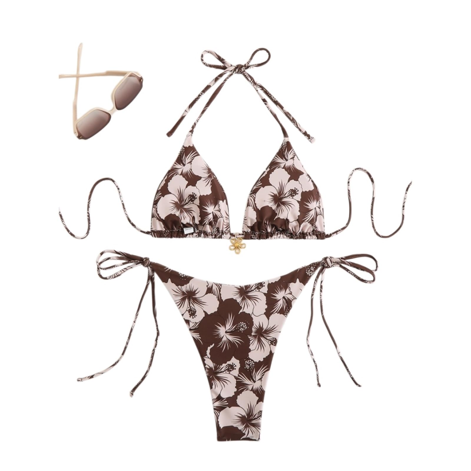 Bikini Donna Donne Floral Stampa Set Triangolo Top Cravatta Side Costume da Bagno-Orange-s