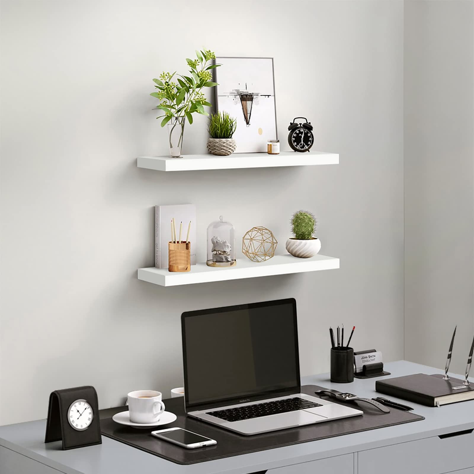 ISYOKE White Floating Shelves Wall Mounted Set of 3 Photo Ledge Wall Floating Shelves Decorative Rack Shelf, Modern Decor 3 Tiers Storage Shelves for Office, Kitchen, Bedroom, Bathroom (White)