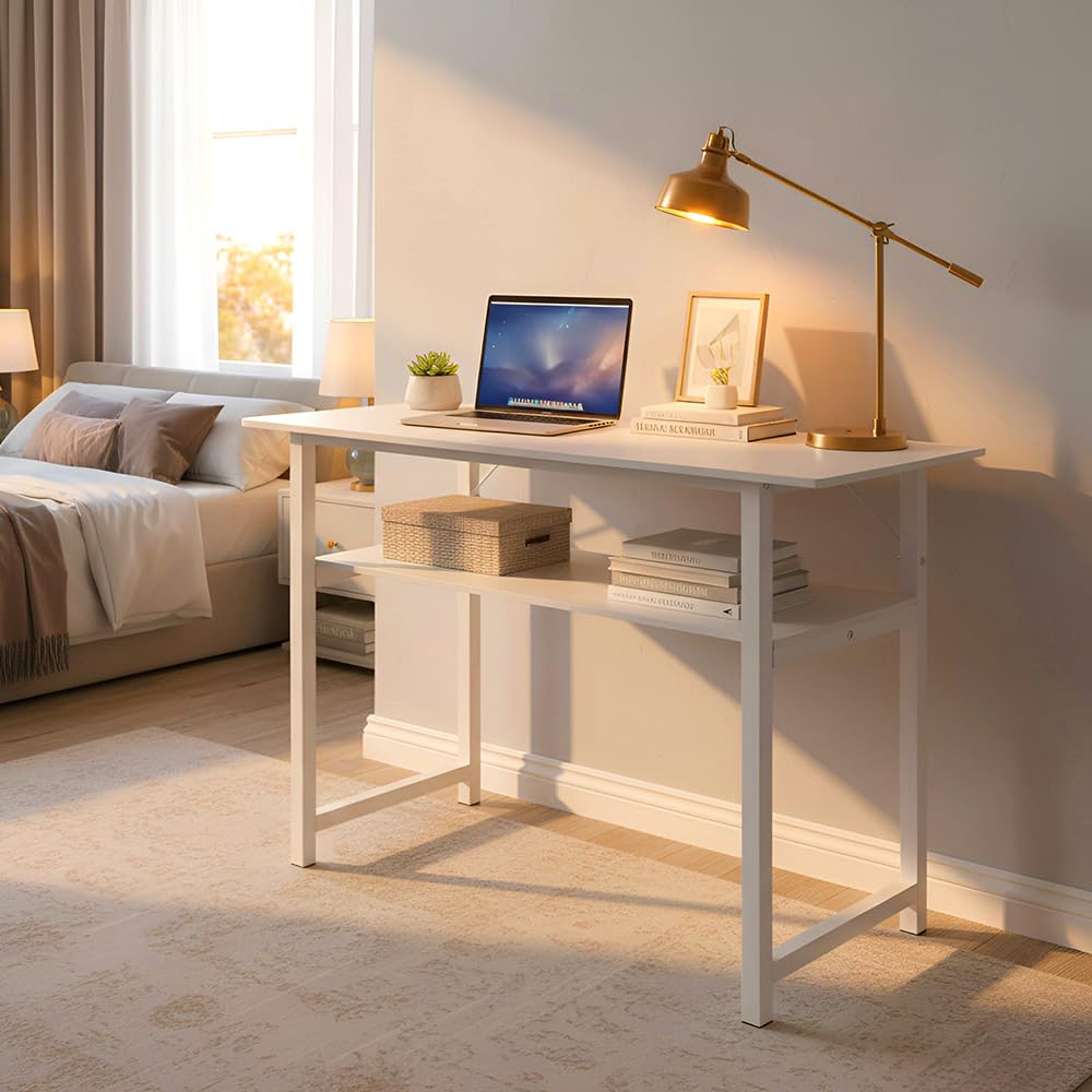 LevalCraft 100cm Computer Desk with Storage Undershelf, Reinforced Metal Frame PC Table, Easy Assembly Multi-Purpose Table for Home Office Bedroom Lounge Small Spaces
