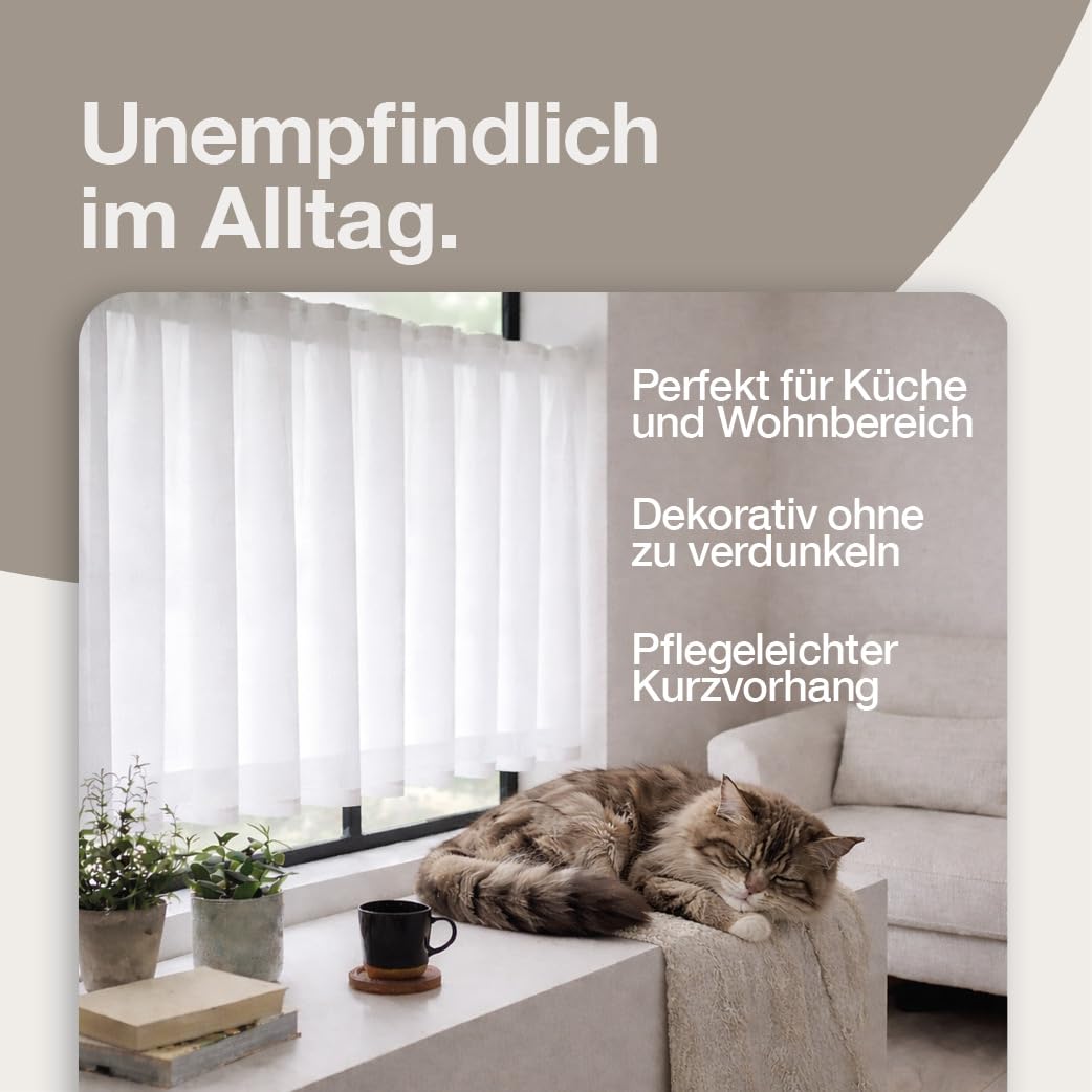 Happy Home 2er Set Scheibengardine Mina Weiß 205x50 cm – Moderne Bistrogardine mit Gardinenband – Halbtransparente Kurzgardine für Küche & Bad – Sichtschutz & Fenstergardine waschbar