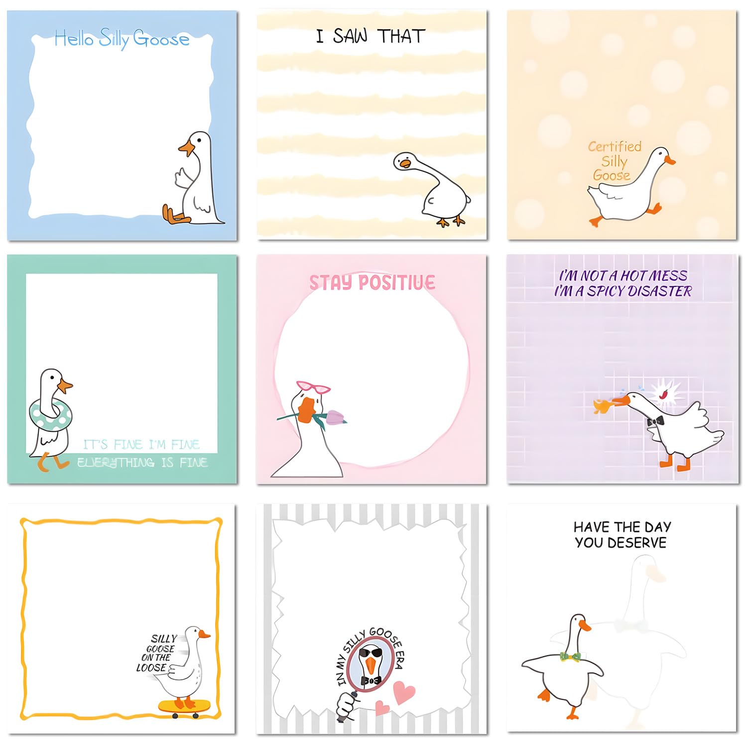 Cute Sticky Notes 9 Pack Funny Silly Goose Sticky Notes Self-Adhesive Notes Pads for Kids Adults School Office Stationery Supplies Party Bag 3x3 Inch