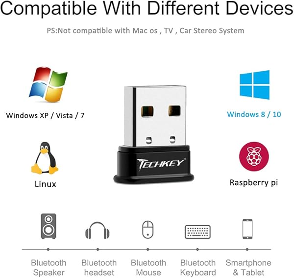 Bluetooth USB 4 0 EDR per PC Techkey Adattatore Bluetooth Chiavetta Bluetooth per PC Laptop Desktop Cuffia Altoparlante Cuffia Mouse ecc Compatibile con Windows 1087XP