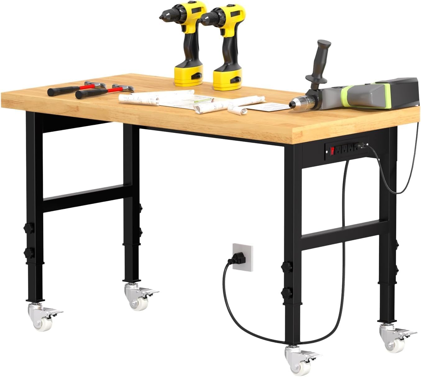 48" Solid Wood Work Bench, Adjustable Height Workbench with Wheels, Heavy-Duty Work Table with Power Outlets, 2000 LBS Capacity Workstation for Garage, Workshop