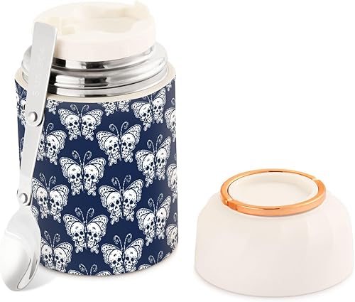 Butterflies Skulls Food Jar with Spoon Stainless Steel Vacuum Insulated Food Container 17 oz Soup Thermos for Hot Food