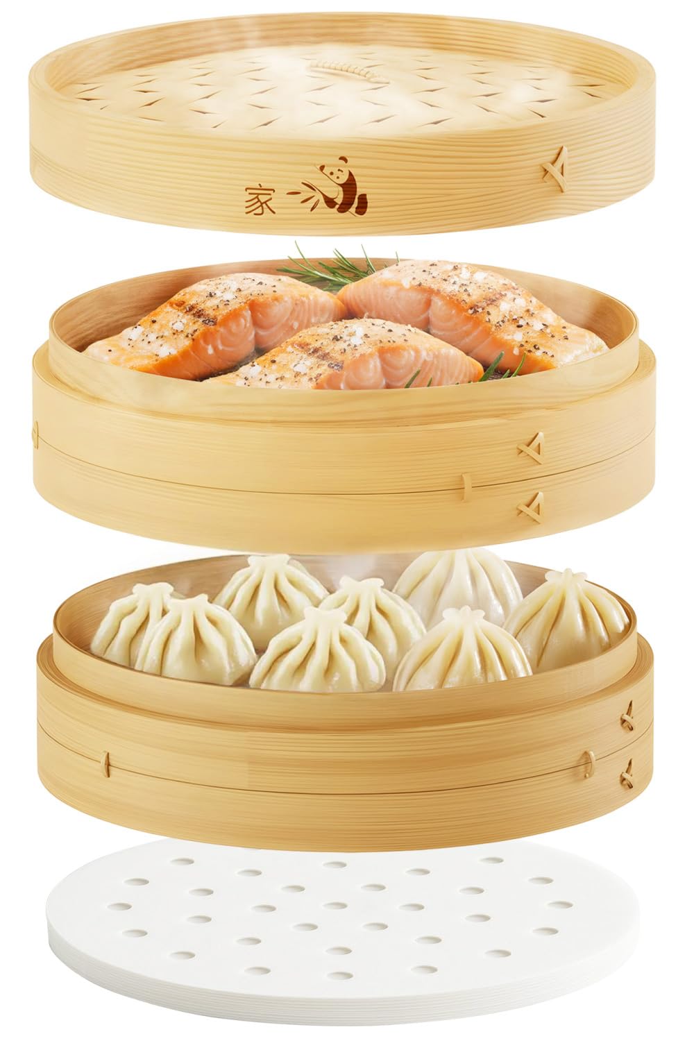 Prime Home Direct Bamboo Steamer Basket 8-Inch | 2-Tier Steamer for Cooking | 50 Liners | Small Instant Steaming Cookware Asian Food, Bao Buns, Chinese, Dim Sum, Dumpling, Rice, Vegetable Steam Pot
