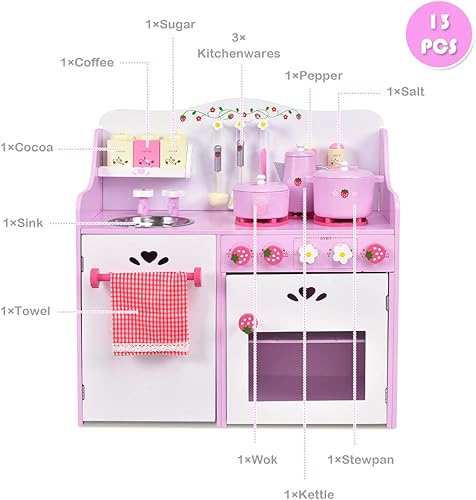 Miniatura 5 de HONEY JOY Juego de cocina rosa para niños, cocina de madera para niños pequeños, 13 utensilios de cocina, grifo, estufa, gabinete de almacenamiento,