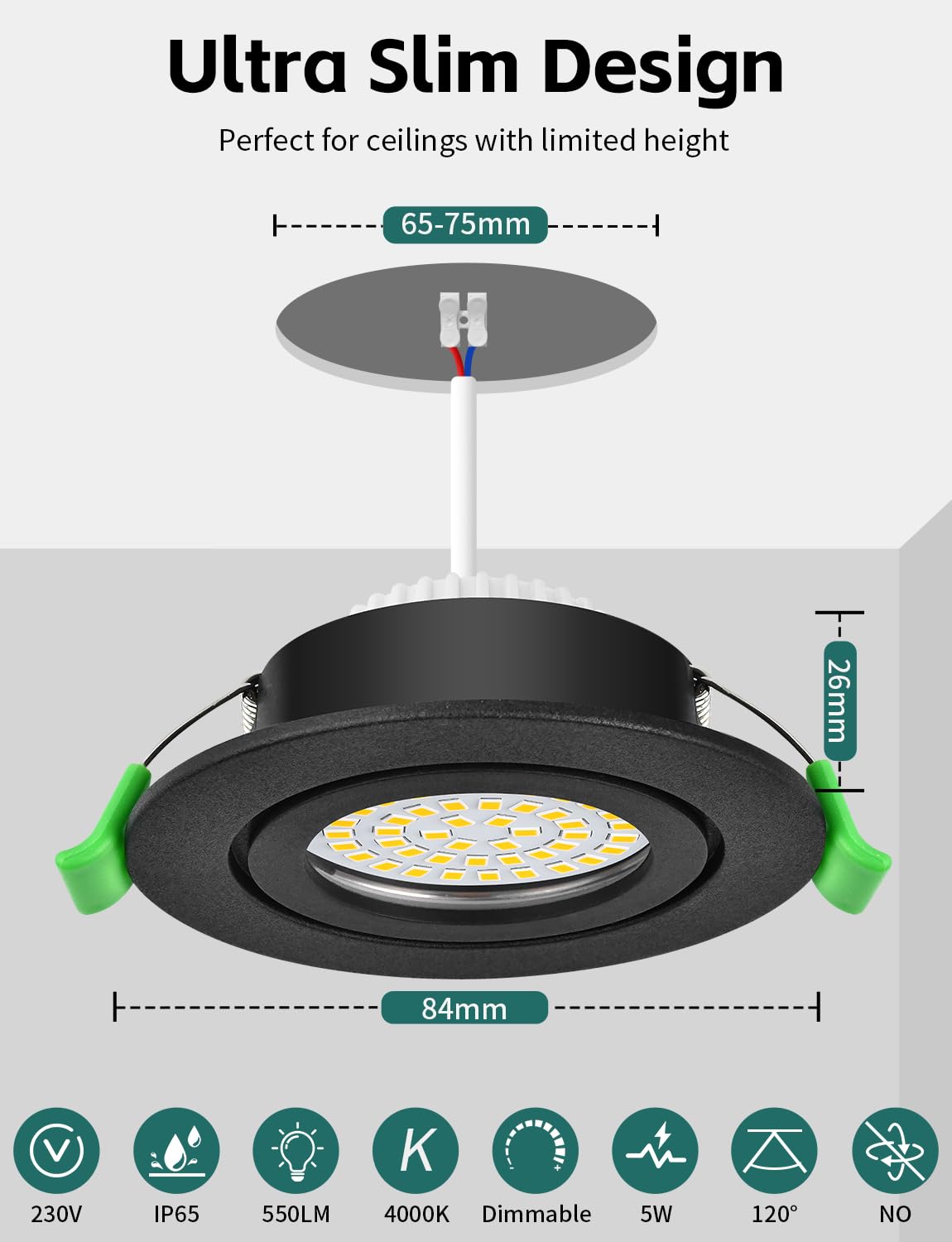 KYOTECH Reflektor LED do zabudowy z możliwością ściemniania, 5 W, IP65, nieobrotowy, 65–75 mm, ultracienki reflektor LED do wbudowania, naturalny biały, 4000 K, do zastosowania wewnątrz łazienki