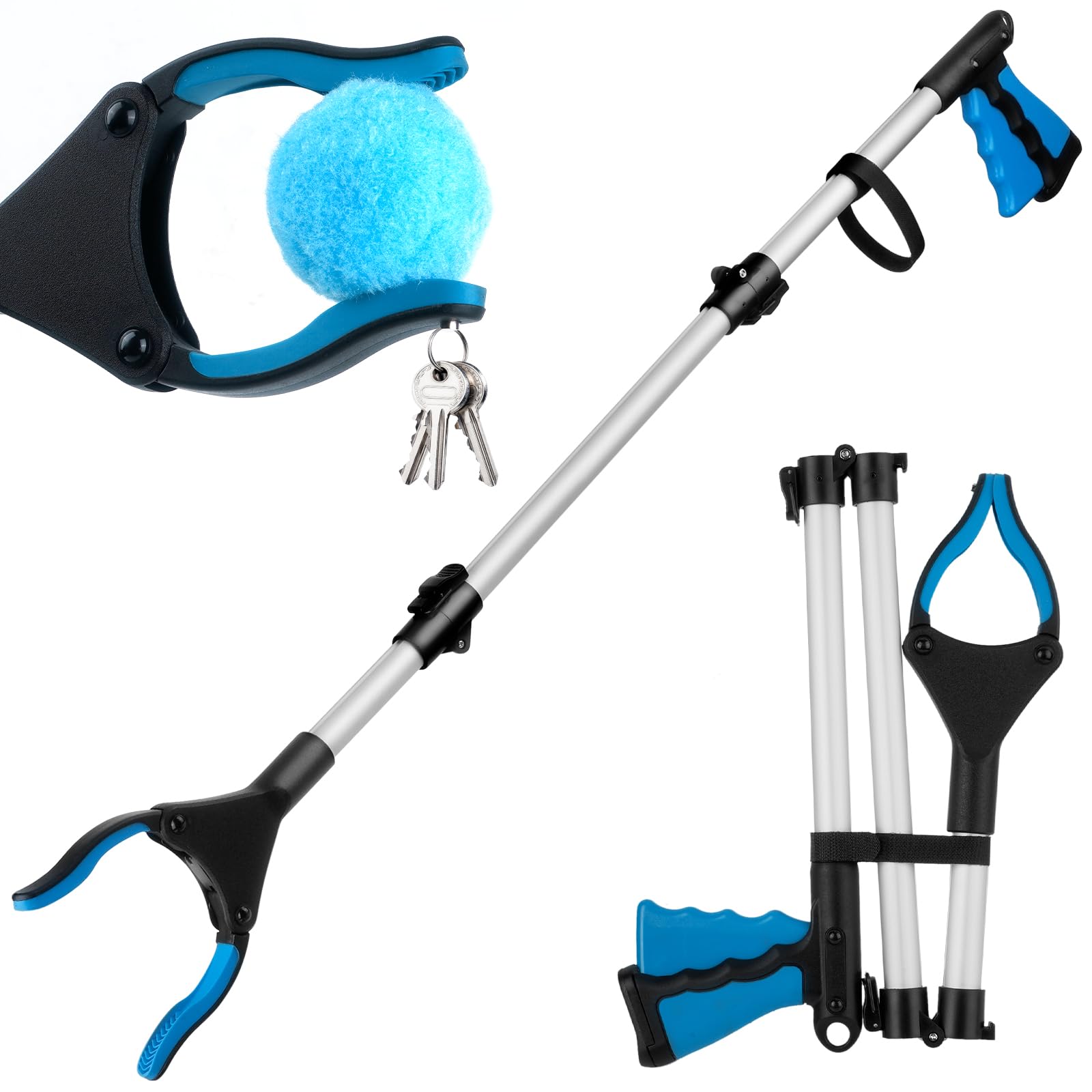 90 cm Pinza Recoge Objetos Plegable, Pinza Recoger Basura de Aluminio con Magnético, Herramienta de Captura con Cabezal Giratorio de 360°, Adecuado para Personas Mayores y Embarazadas, Azul