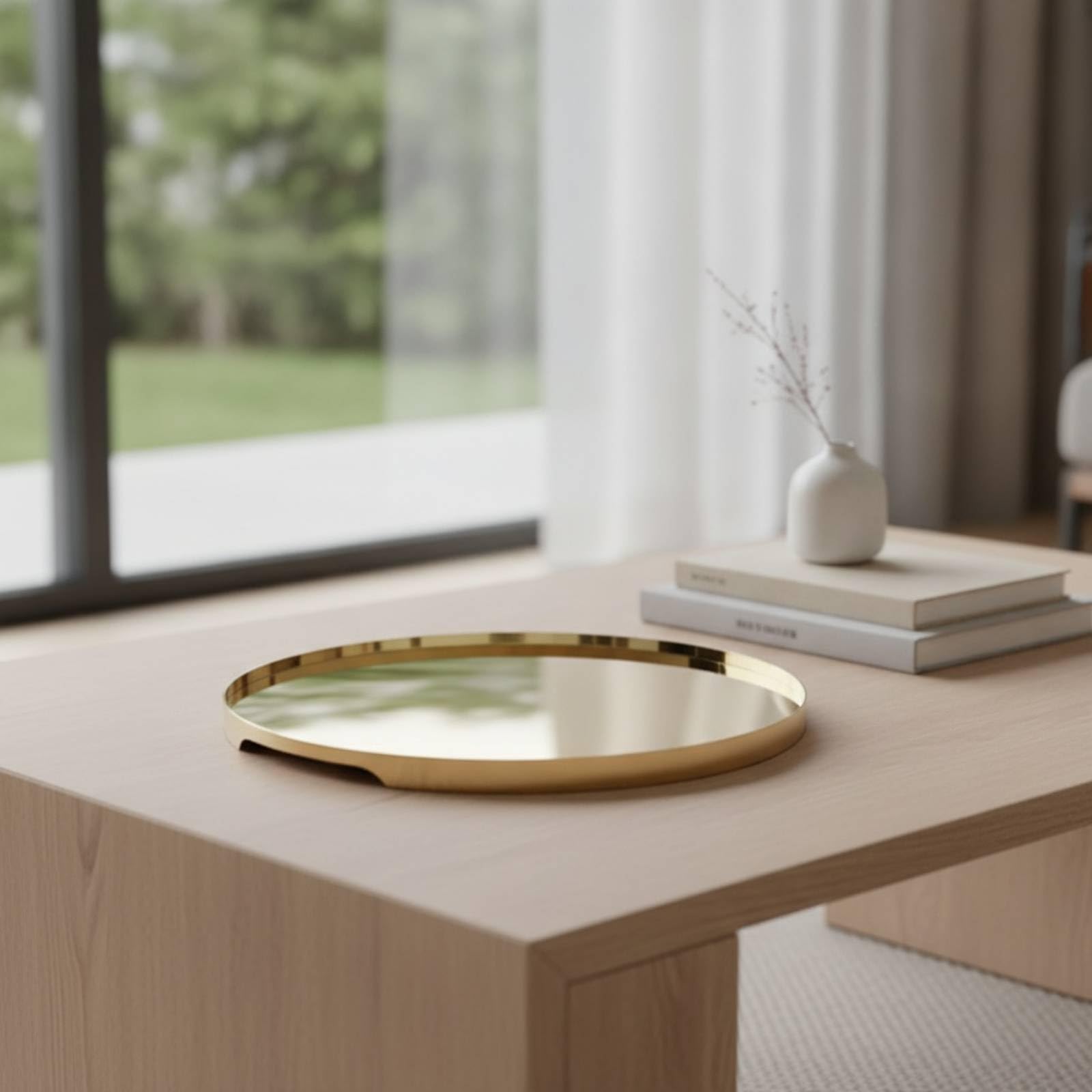 Bandeja Espejada de Servicio Bandeja Redonda Decorativa de Acero Inoxidable Bandeja Metálica de Mesa con Superficie Reflectante y Base Firme Adecuada, Dorado