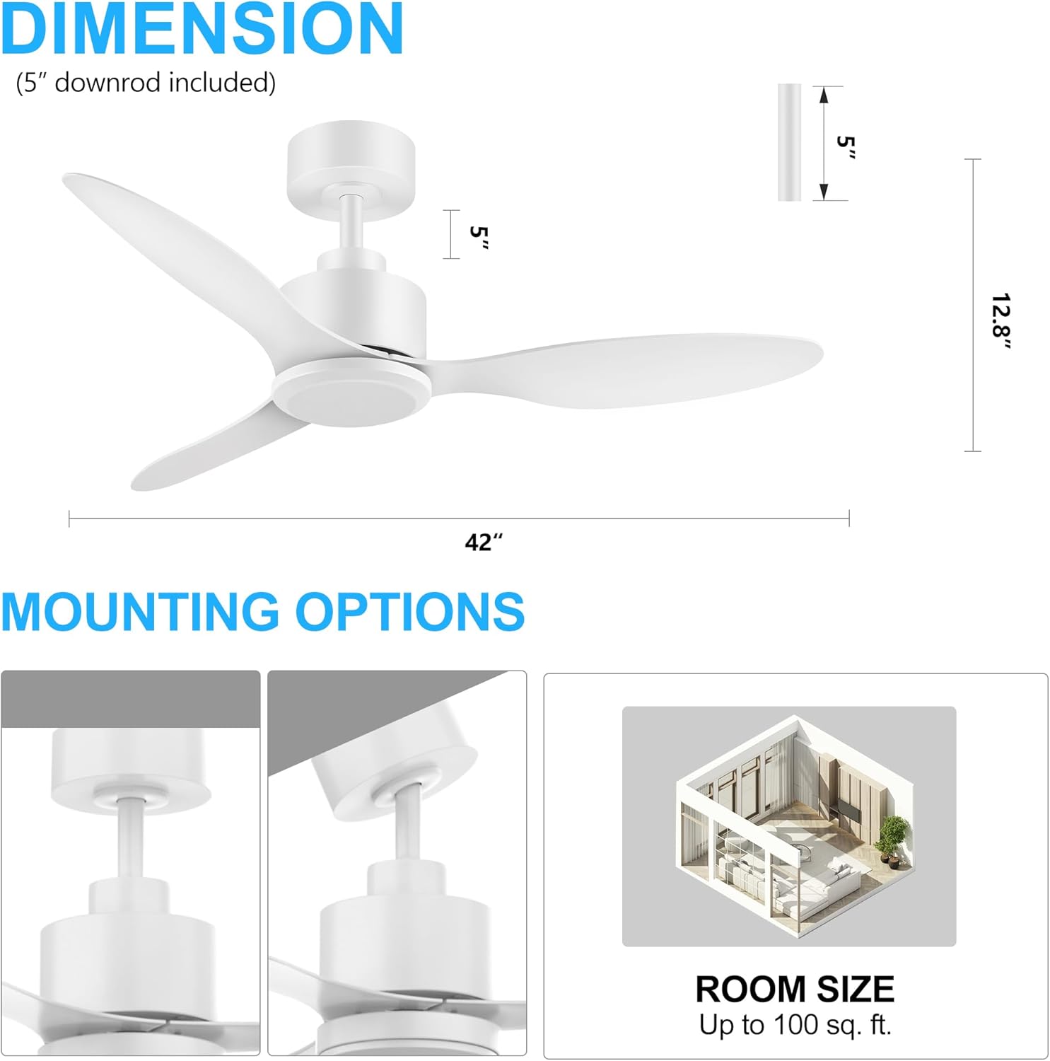 42 Inch Ceiling Fans without Lights, Outdoor Indoor Industrial Ceiling Fans Remote Control, 3-Blade, Quiet Reversible DC Motor, 6-Speed, Down Rod Mount Ceiling Fan for Home Kitchen