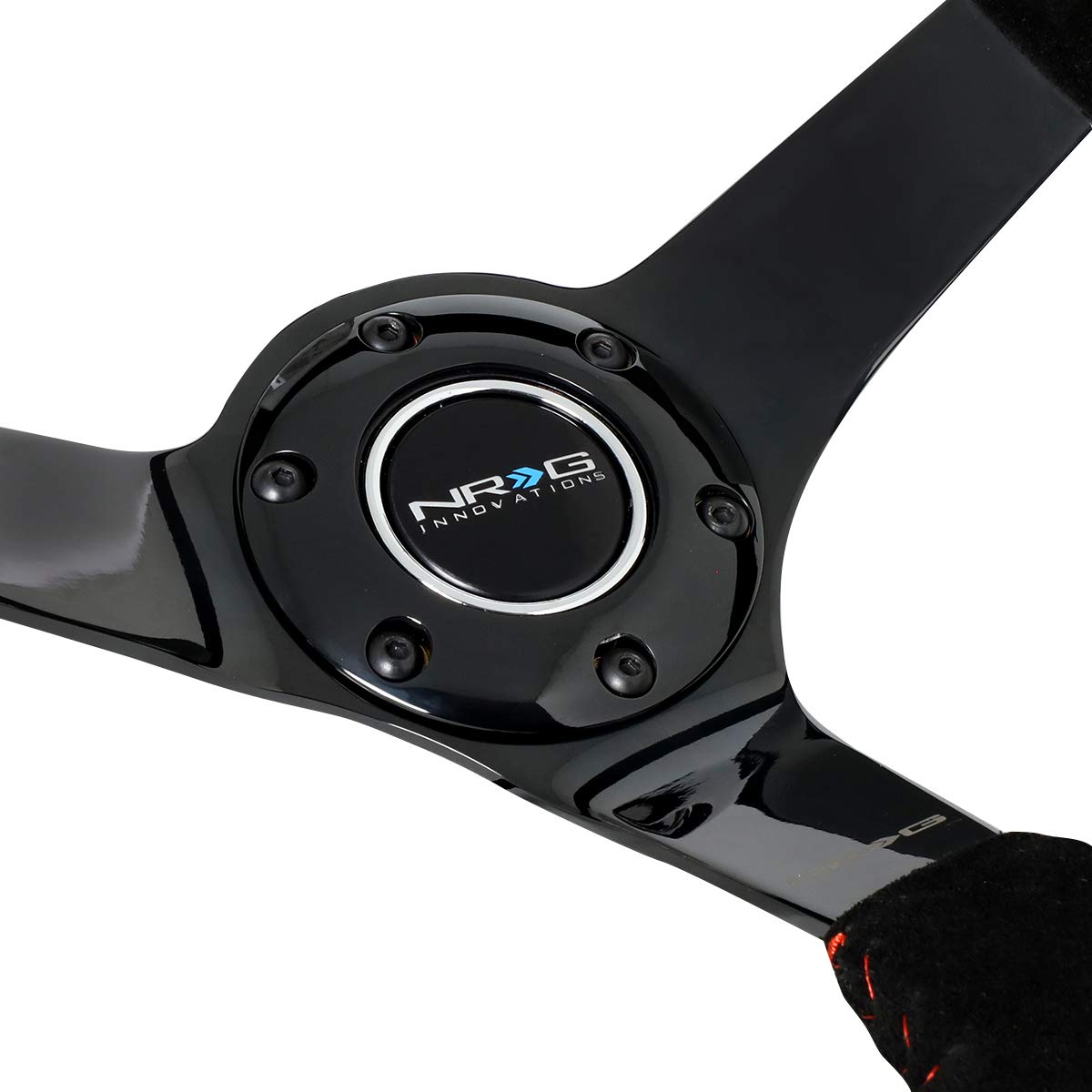NRG Innovations NRG-RST-036GD-S Reinforced Steering Wheel - 350mm Sport Steering Wheel (3' deep) Black Suede with Red Baseball Stitching - Chrome Gold Spoke
