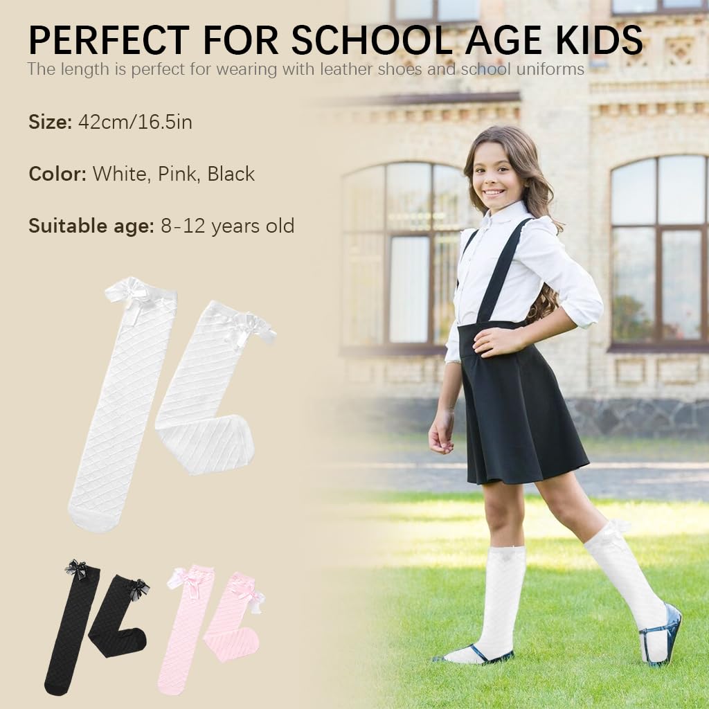 PALAY® 3 Pairs Stockings for Girls, Bow Knee High Socks Stockings for Kids, Fashion Overknee Long Socks for Baby Girls 3-10 Years, 16.5in Cotton Lolita Socks for Skirt, School Uniform (All Season Use) - Image 3 thumbnail