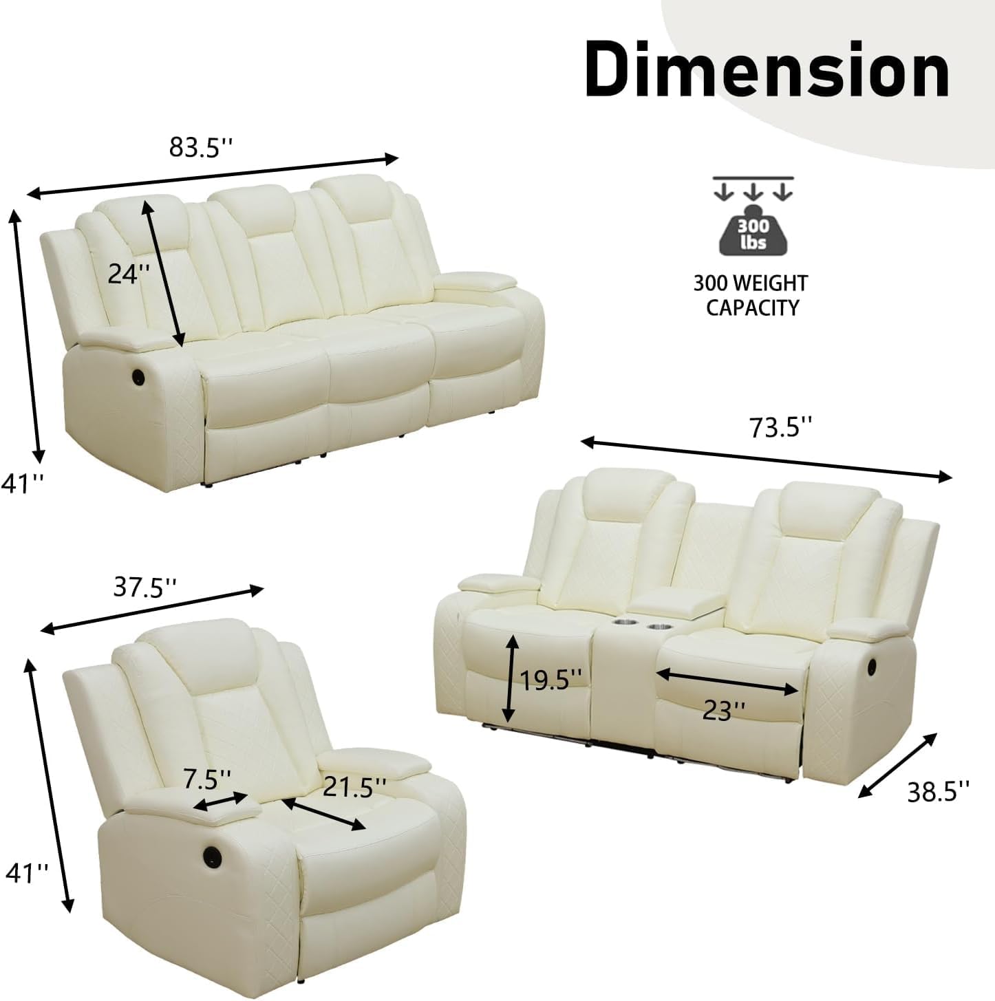 Cream White Power Recliner Sofa Set, Breathing Leather Reclining Couch Set, 3 Piece Recliner Sofa Couch with LED Light & Storage Console for Living Room/Home Theater
