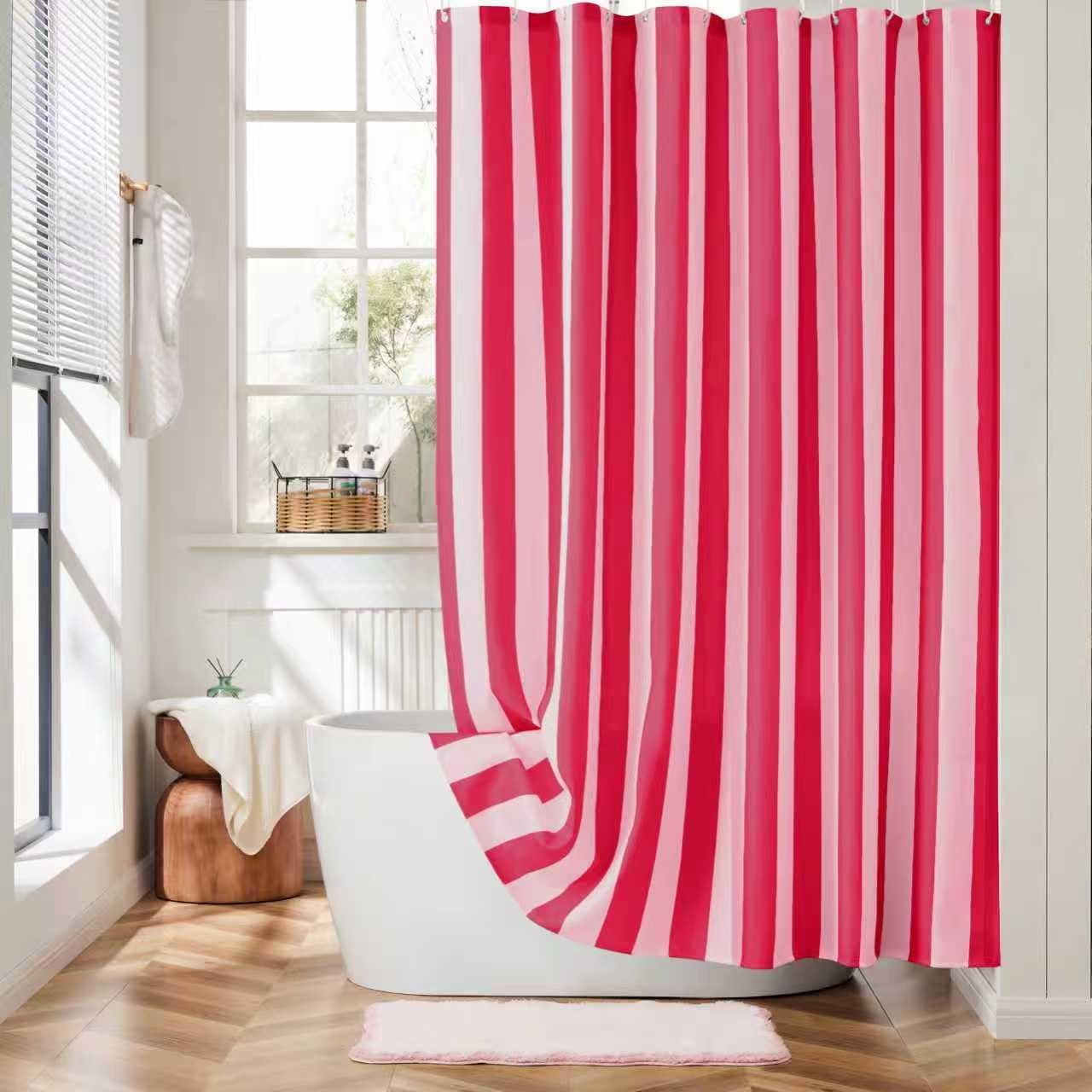 Vertikal gestreifter Duschvorhang, rot, niedlicher Retro-Vintage-Streifen-Badezimmervorhang im Landhausstil, wasserdichtes Polyestergewebe, 240 x 190 cm (B x H)