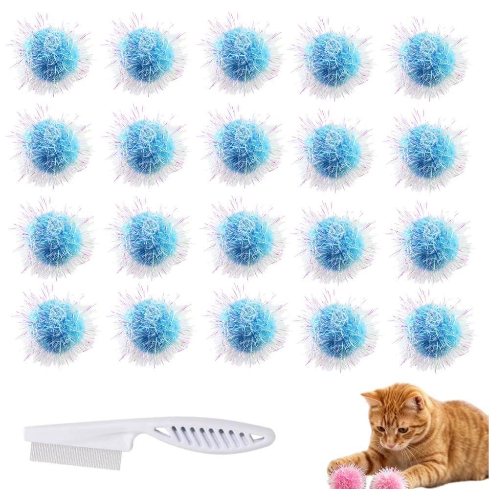 Cat Puff Balls - 2.36 Inch Extra Large Sparkle Green Puff Ball Toys for Indoor Cats, Interactive Cat Toy Balls with Glitter Tinsel, Multicolor Tinsel Cat Balls (Blue,30PCS)