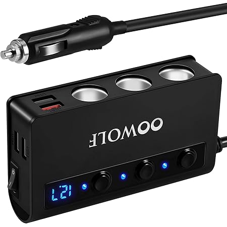 Amazon Oowolf シガーソケット シガーライター 7ポート給電 3連180wカーチャージャー 1ｍケーブル後席可能 Dcdc 12v 24v車兼用 Qc3 0急速充電搭載の増設シガーソケット Usb端子4口 スマートicとスイッチと電圧計搭載の車用増設ソケット分配器 電源 ソケット 粘着