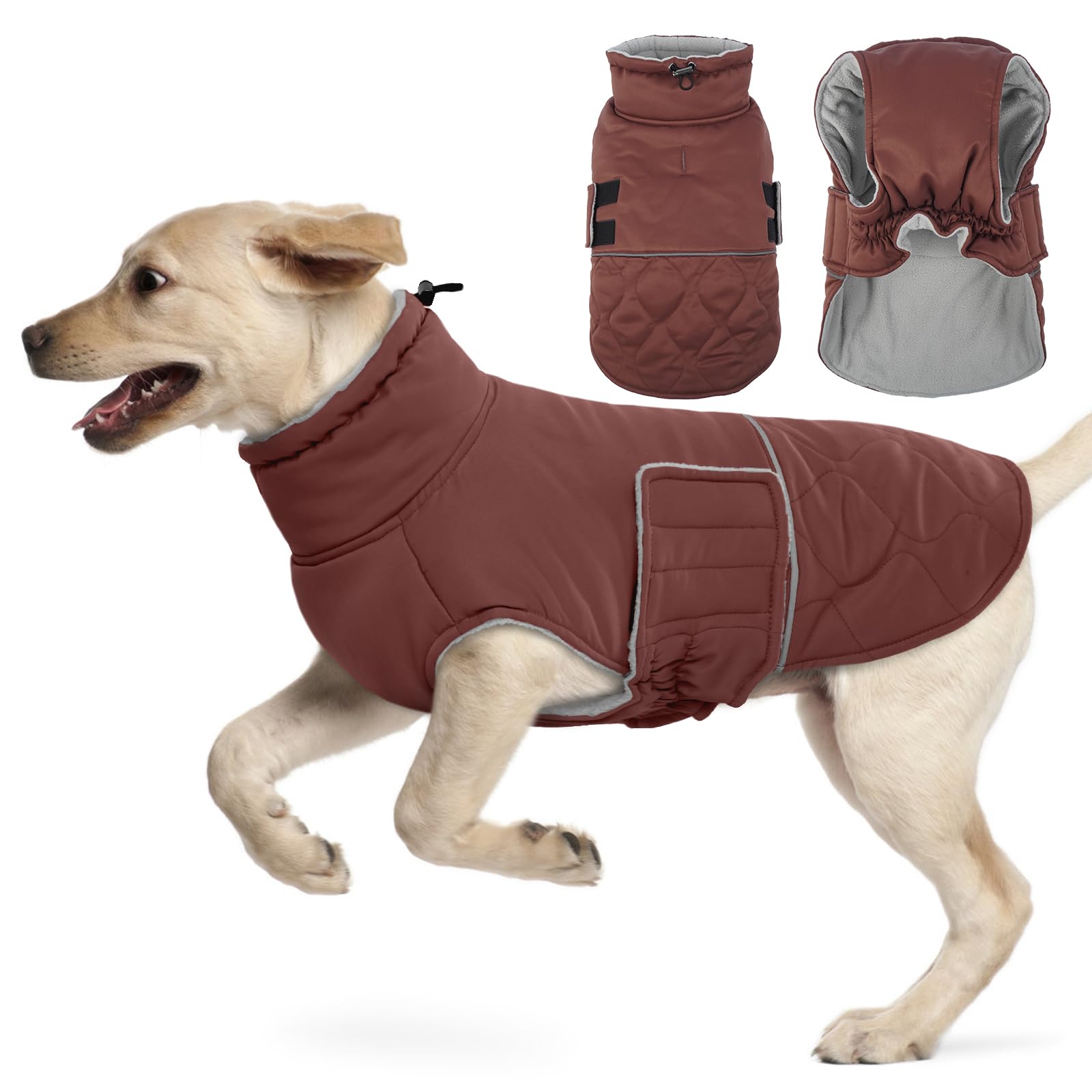 Hjumarayan Large Dog Coat - Quilted Dog Winter Coats Water-resistant, Harness Hole, Reflective, Warm Jacket Fleece Lined for Large Golden Retriever, Labrador, Bernese Mountain (Reddish Brown XXXL)