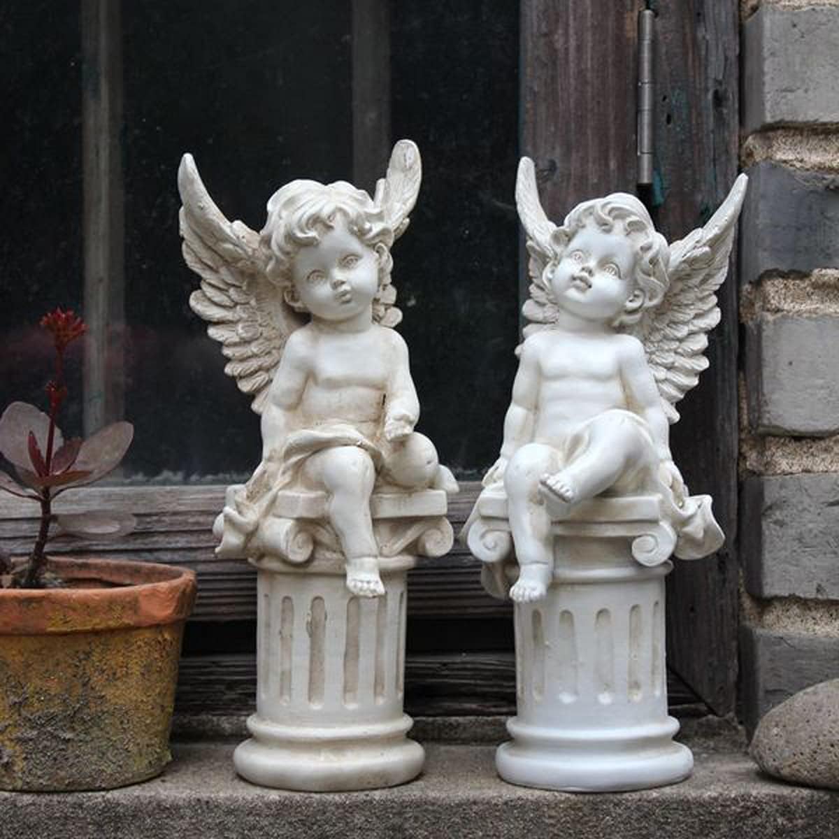OWADAR Set of 2 Cherub Angel Garden Statue Figurine Roman Pillar Greek Column Angel Statue Figurine Sculpture Indoor Outdoor Home Garden Decoration Weathered Antique Resin 9.8
