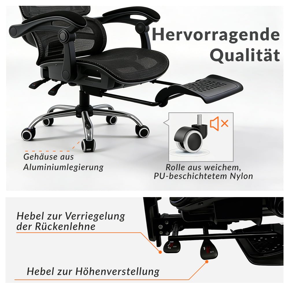 Ergonomischer Bürostuhl mit Lendenwirbelstütze, höhenverstellbarer Chefsessel, Drehstuhl, Netzstuhl