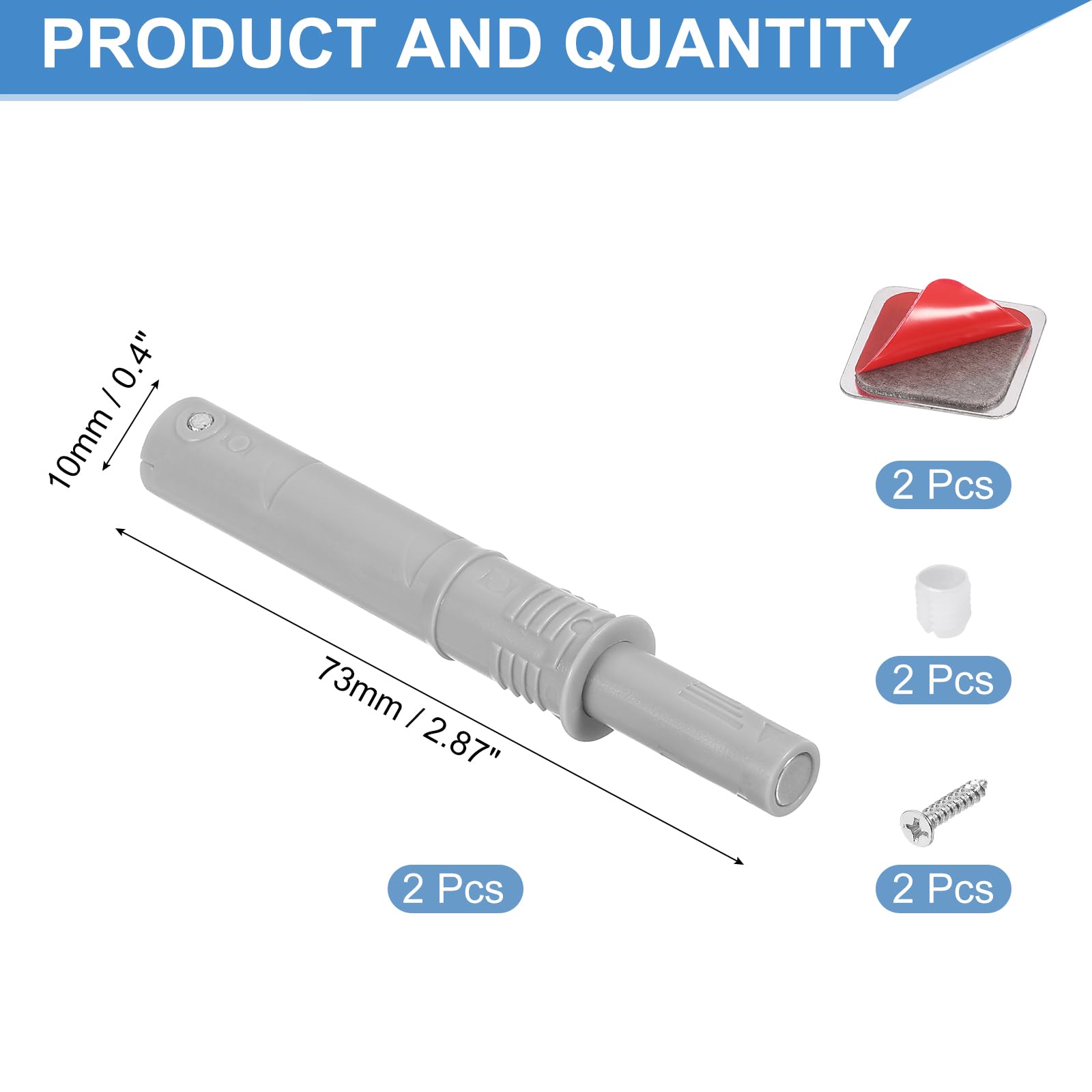 QUARKZMAN 2 Pcs Serrature Magnetiche A Spinta Per Ante Di Armadio, 2.87x0.4 Pollici Serratura A Spinta Per Aprire L'Anta Hardware Armadio, Apertura Nascosta Cassetto, Plastica Grigia 73x10mm