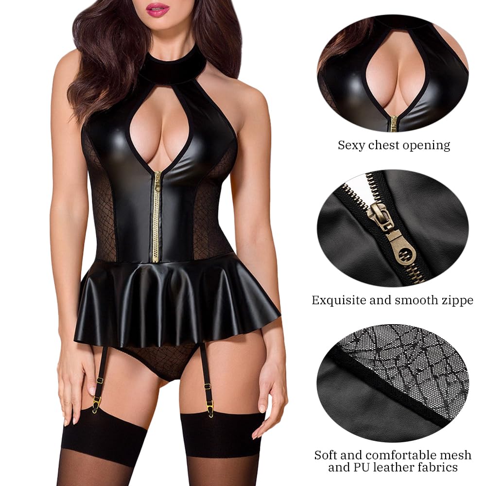 Robe Sexy Femme Game Bodysuit Épissage de Maille en Cuir Verni Jupe Coquine Hot Transparent Résille avec G-String Lingerie Clubwear Érotique Dos Nu Grande Taille avec Pinces en Métal